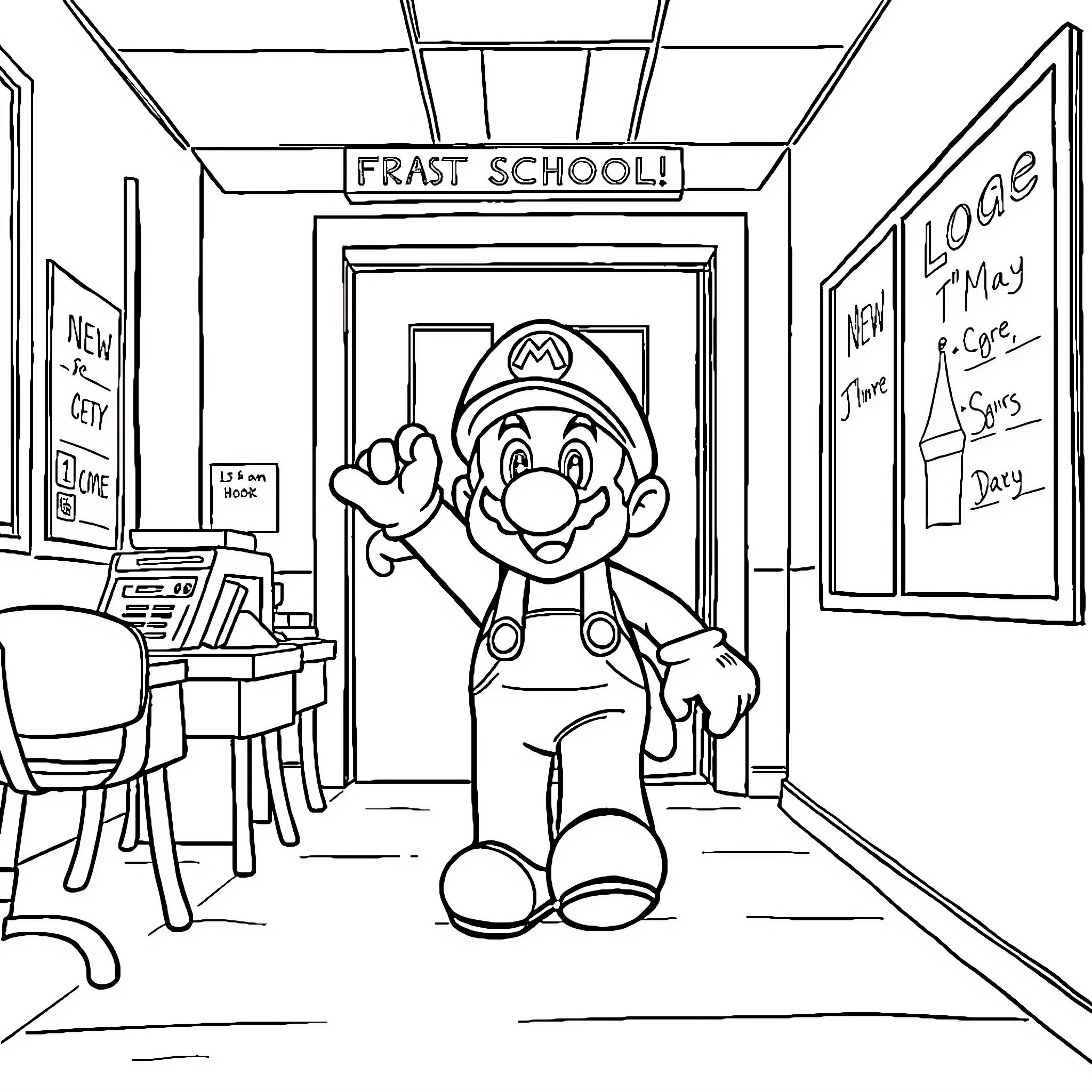 Mario's Fun Adventure at the Frastschool Coloring Page (free black-and-white line drawing printable PDF for all, from beginners to advanced learners, including children, teens, adults, and seniors)