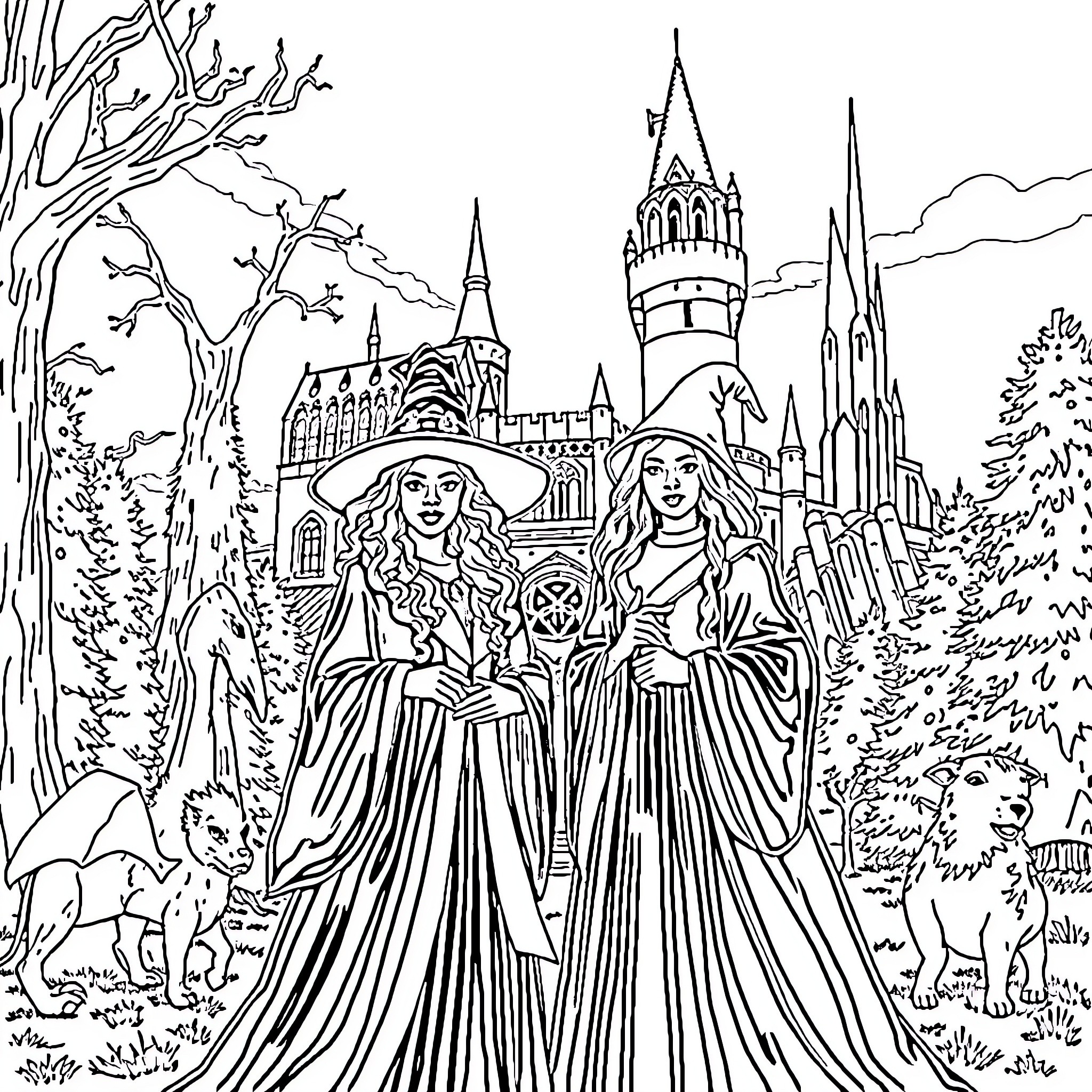 Wizard women in fantasy castle landscape Coloring Page (free black-and-white line drawing printable PDF for all, from beginners to advanced learners, including children, teens, adults, and seniors)
