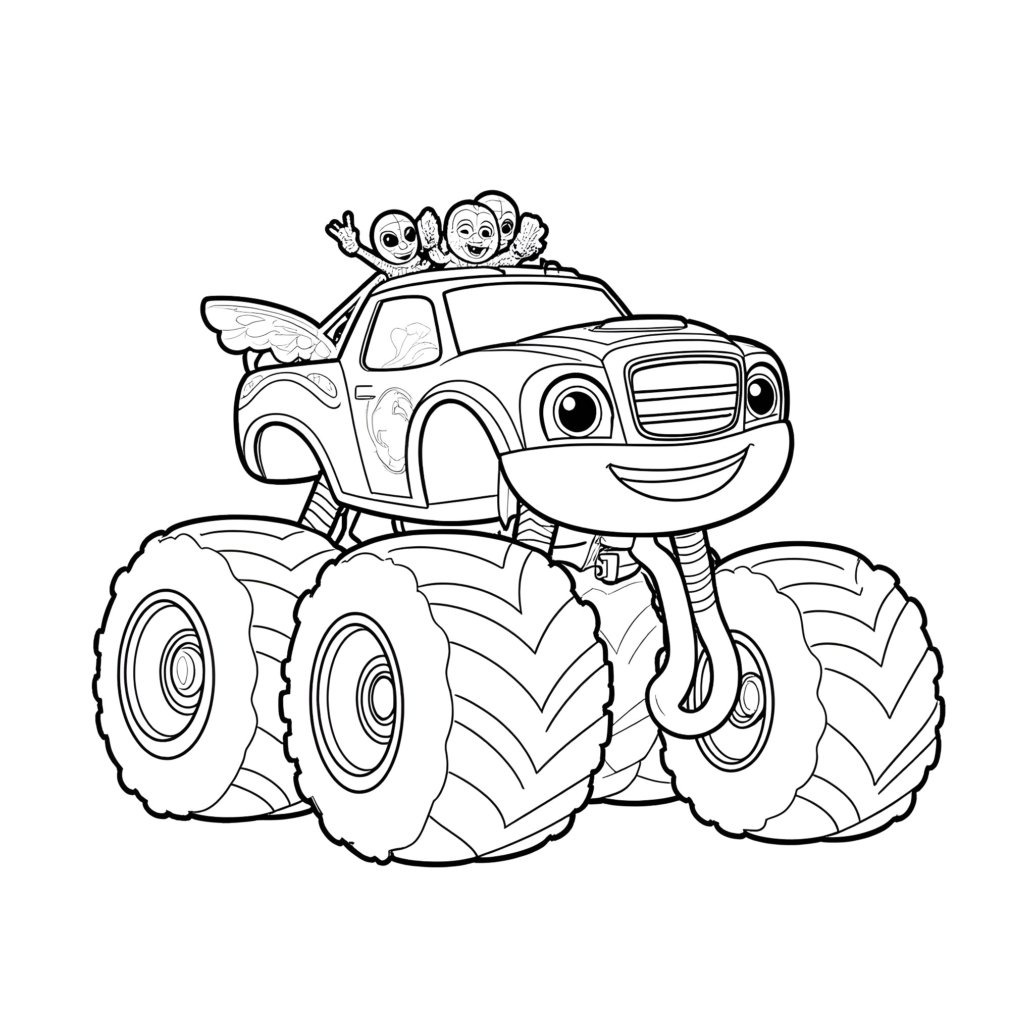 Blaze's Mighty Monster Truck Adventure Coloring Page (free black-and-white line drawing printable PDF for all, from beginners to advanced learners, including children, teens, adults, and seniors)