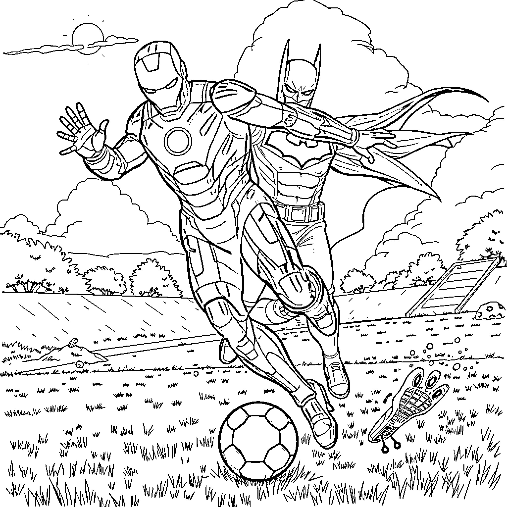 Iron Man and Batman flying over a field Coloring Page (free black-and-white line drawing printable PDF for all, from beginners to advanced learners, including children, teens, adults, and seniors)