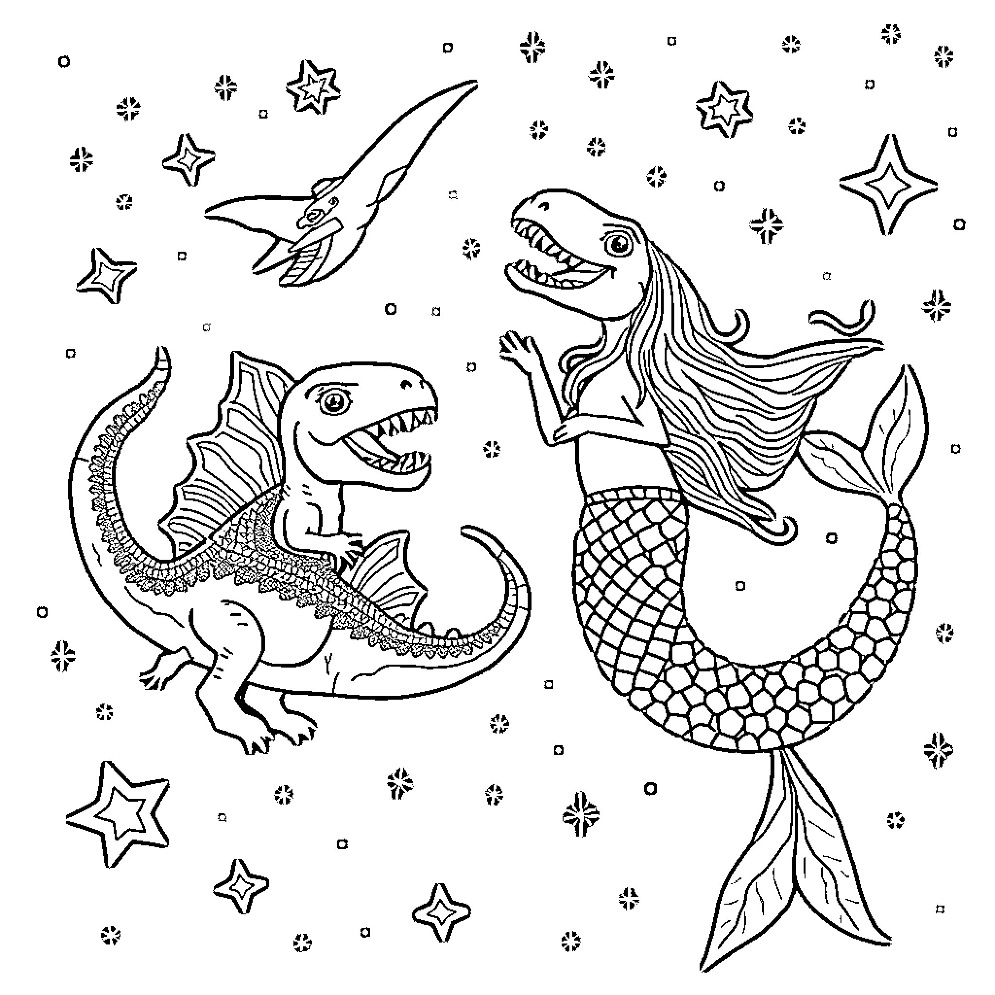 Dinosaur Mermaids Dancing Among the Stars Coloring Page (free black-and-white line drawing printable PDF for all, from beginners to advanced learners, including children, teens, adults, and seniors)