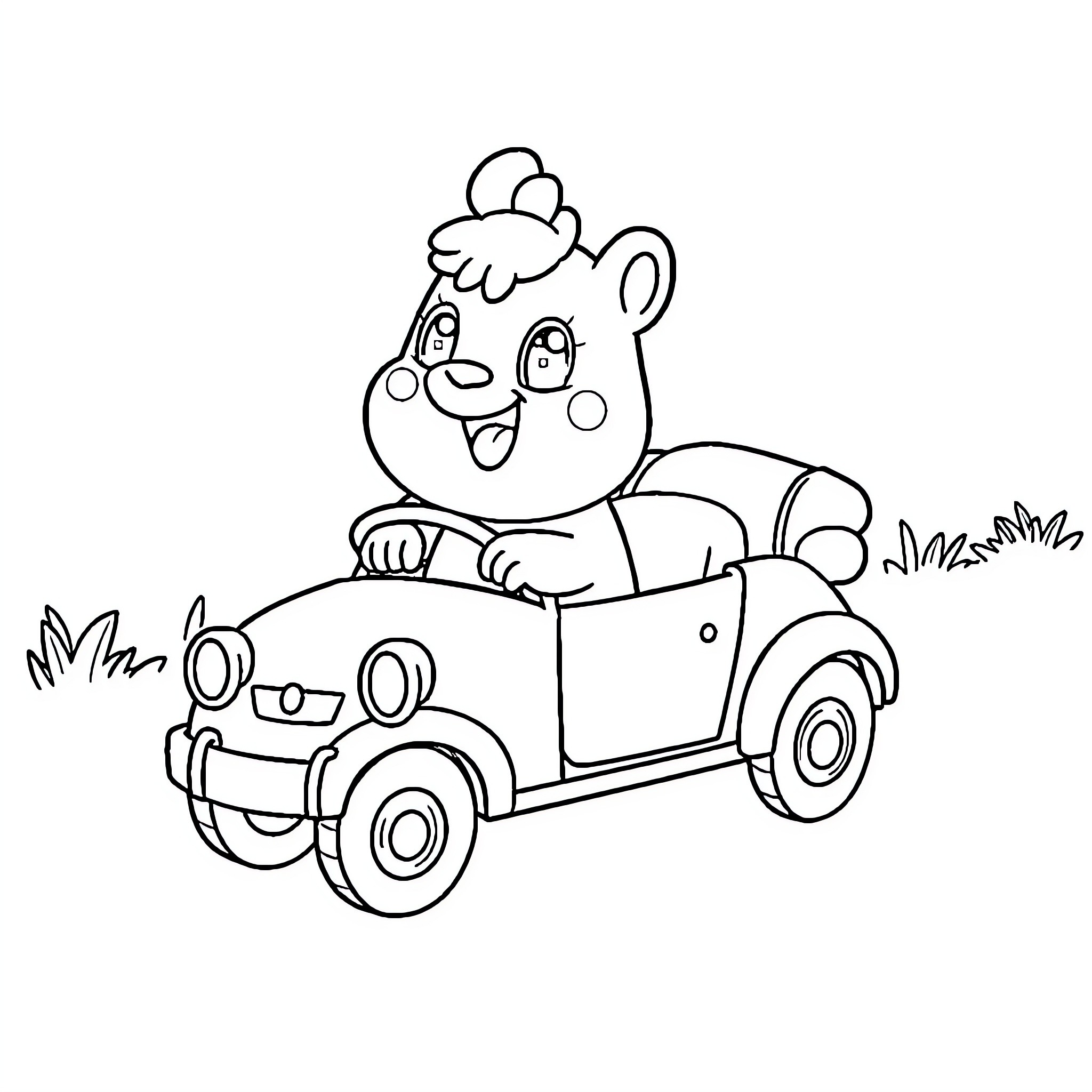 Pochacco Riding a Happy Car Coloring Page (free black-and-white line drawing printable PDF for all, from beginners to advanced learners, including children, teens, adults, and seniors)
