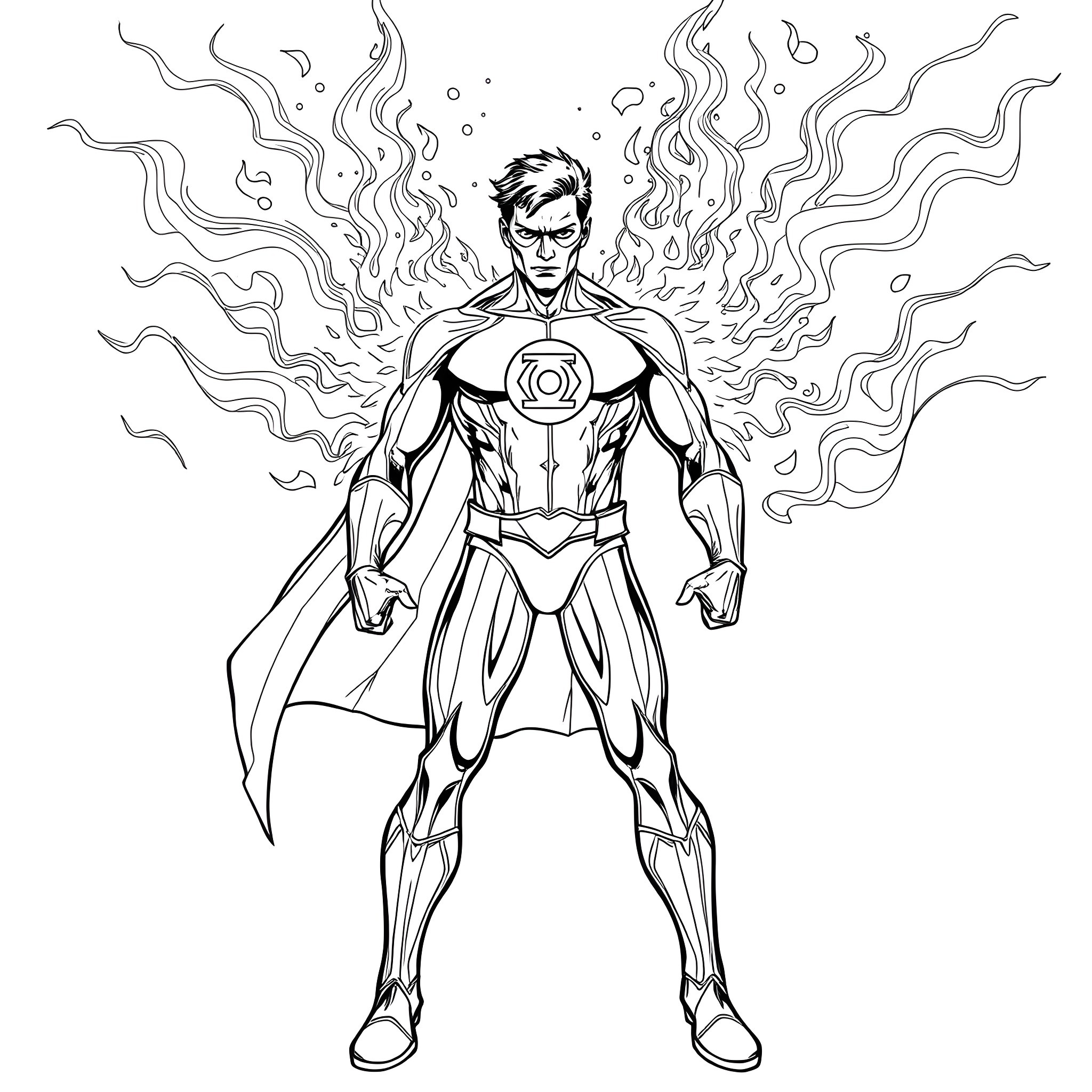 Human Lantern in Heroic Pose with Swirling Energy Coloring Page (free black-and-white line drawing printable PDF for all, from beginners to advanced learners, including children, teens, adults, and seniors)