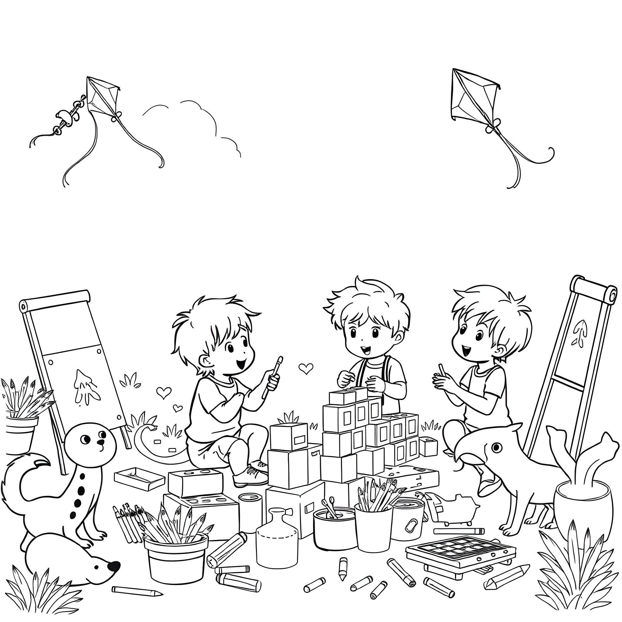 Kid's Playful Art and Craft Time Coloring Page (free black-and-white line drawing printable PDF for all, from beginners to advanced learners, including children, teens, adults, and seniors)