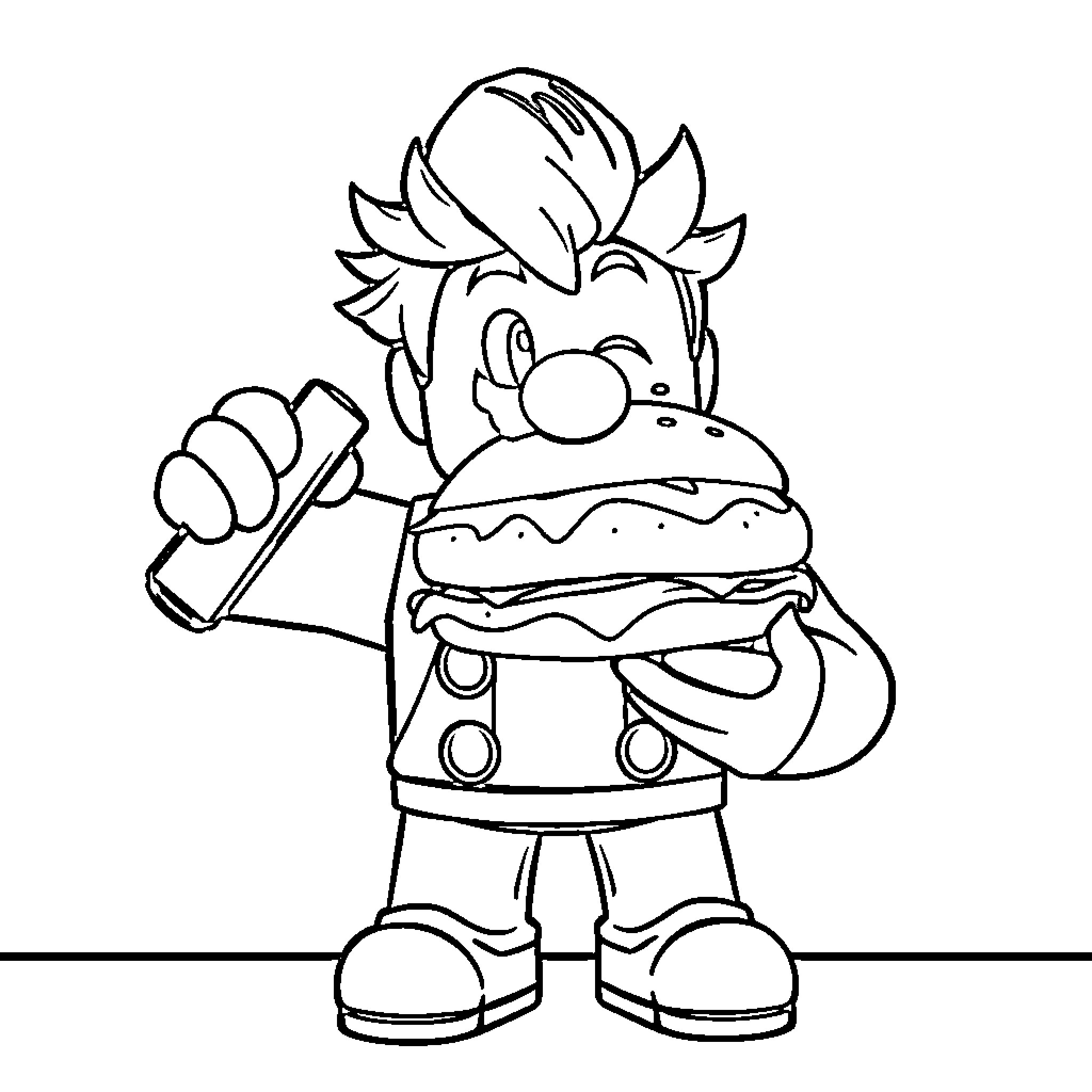 Yosi the Clown Holding a Hamburger Coloring Page (free black-and-white line drawing printable PDF for all, from beginners to advanced learners, including children, teens, adults, and seniors)