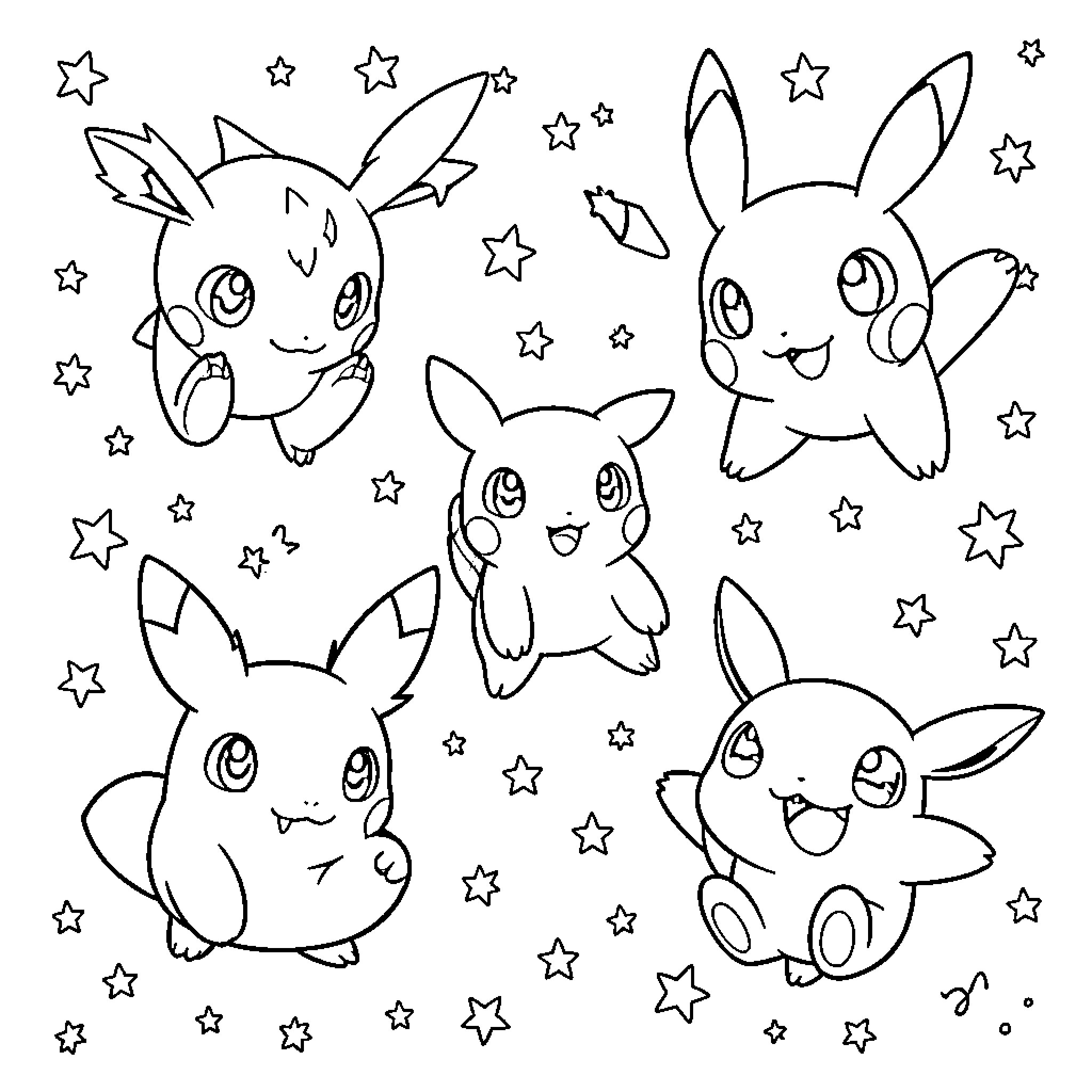 Pokémon characters jumping joyfully among many stars Coloring Page (free black-and-white line drawing printable PDF for all, from beginners to advanced learners, including children, teens, adults, and seniors)