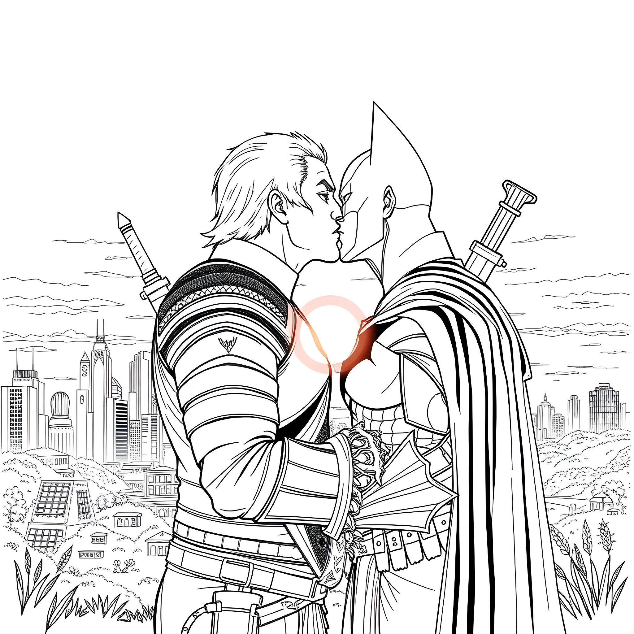 Witcher warriors in epic battle stance against cityscape Coloring Page (free black-and-white line drawing printable PDF for all, from beginners to advanced learners, including children, teens, adults, and seniors)