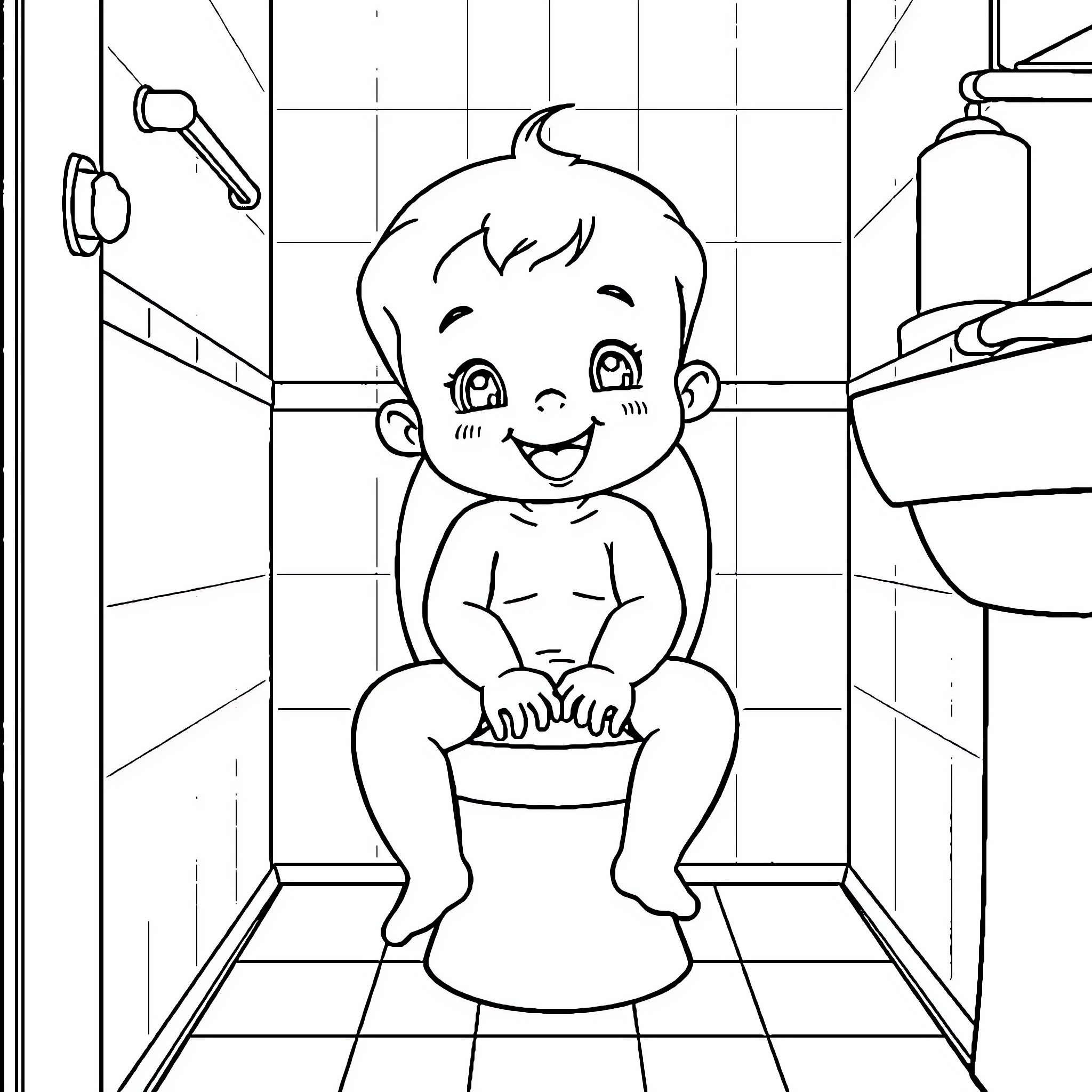 Baan child enjoying time in the bathroom Coloring Page (free black-and-white line drawing printable PDF for all, from beginners to advanced learners, including children, teens, adults, and seniors)