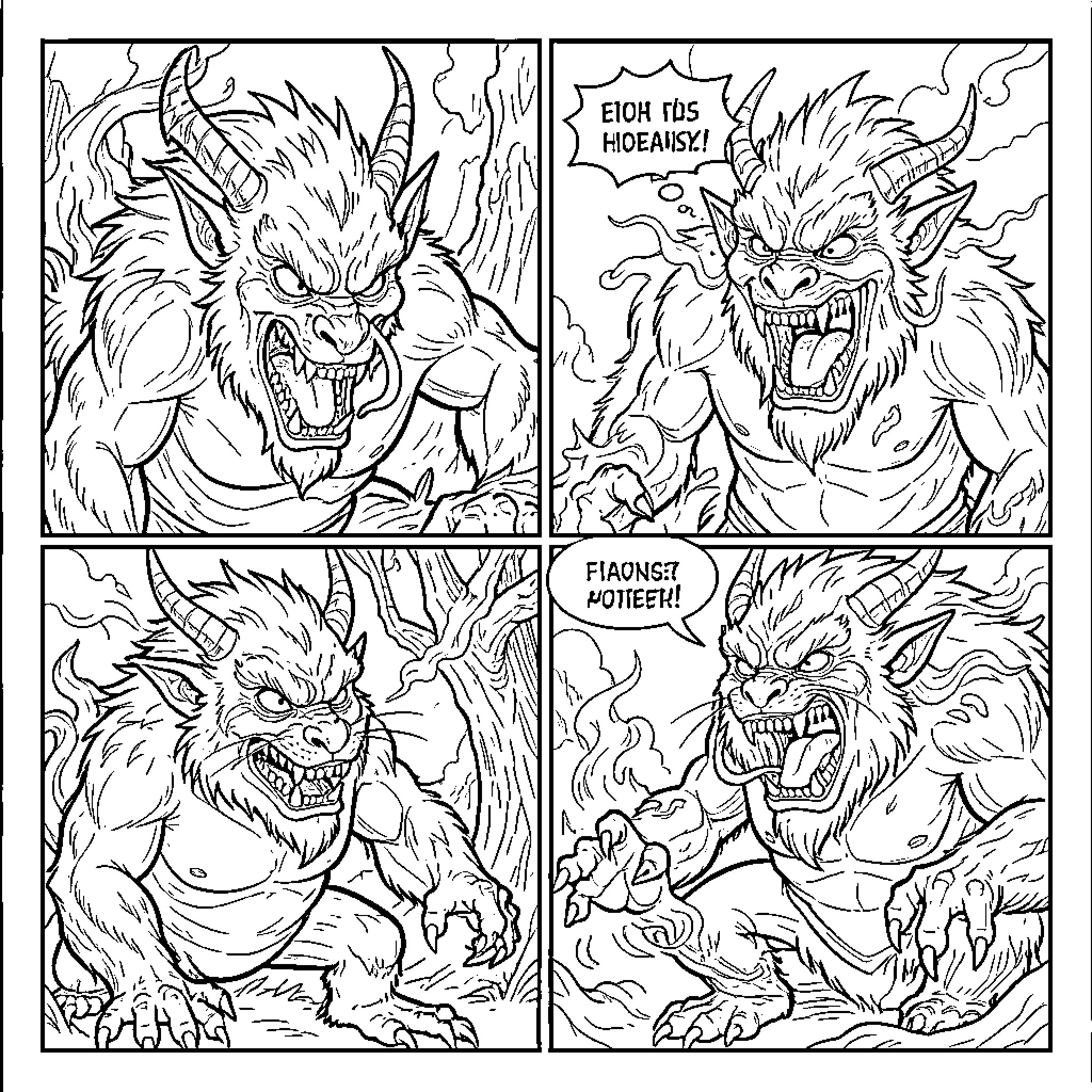 Monstre roaring and lunging with aggressive expressions Coloring Page (free black-and-white line drawing printable PDF for all, from beginners to advanced learners, including children, teens, adults, and seniors)