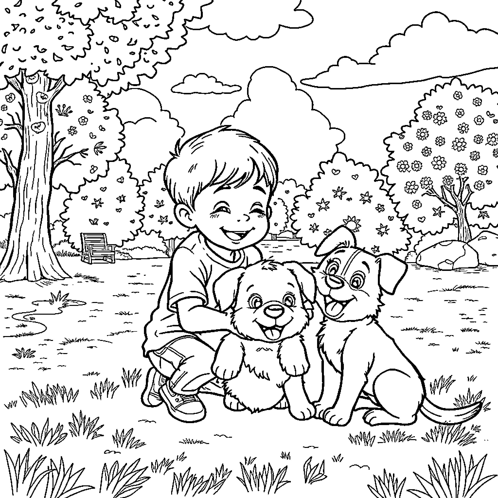 Boy playing happily with puppies in the park Coloring Page (free black-and-white line drawing printable PDF for all, from beginners to advanced learners, including children, teens, adults, and seniors)