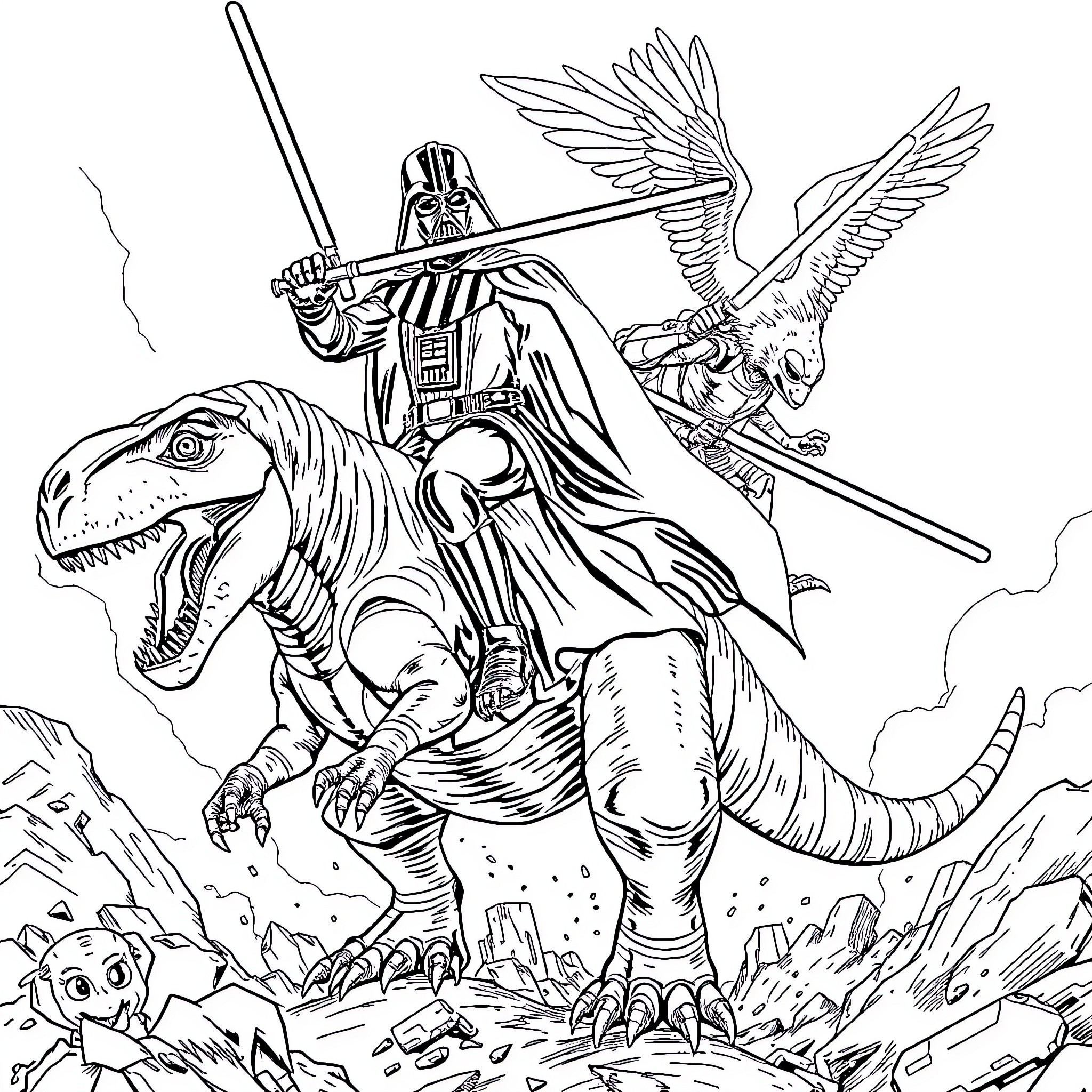 Darth Vader battles on a hostile alien world Coloring Page (free black-and-white line drawing printable PDF for all, from beginners to advanced learners, including children, teens, adults, and seniors)
