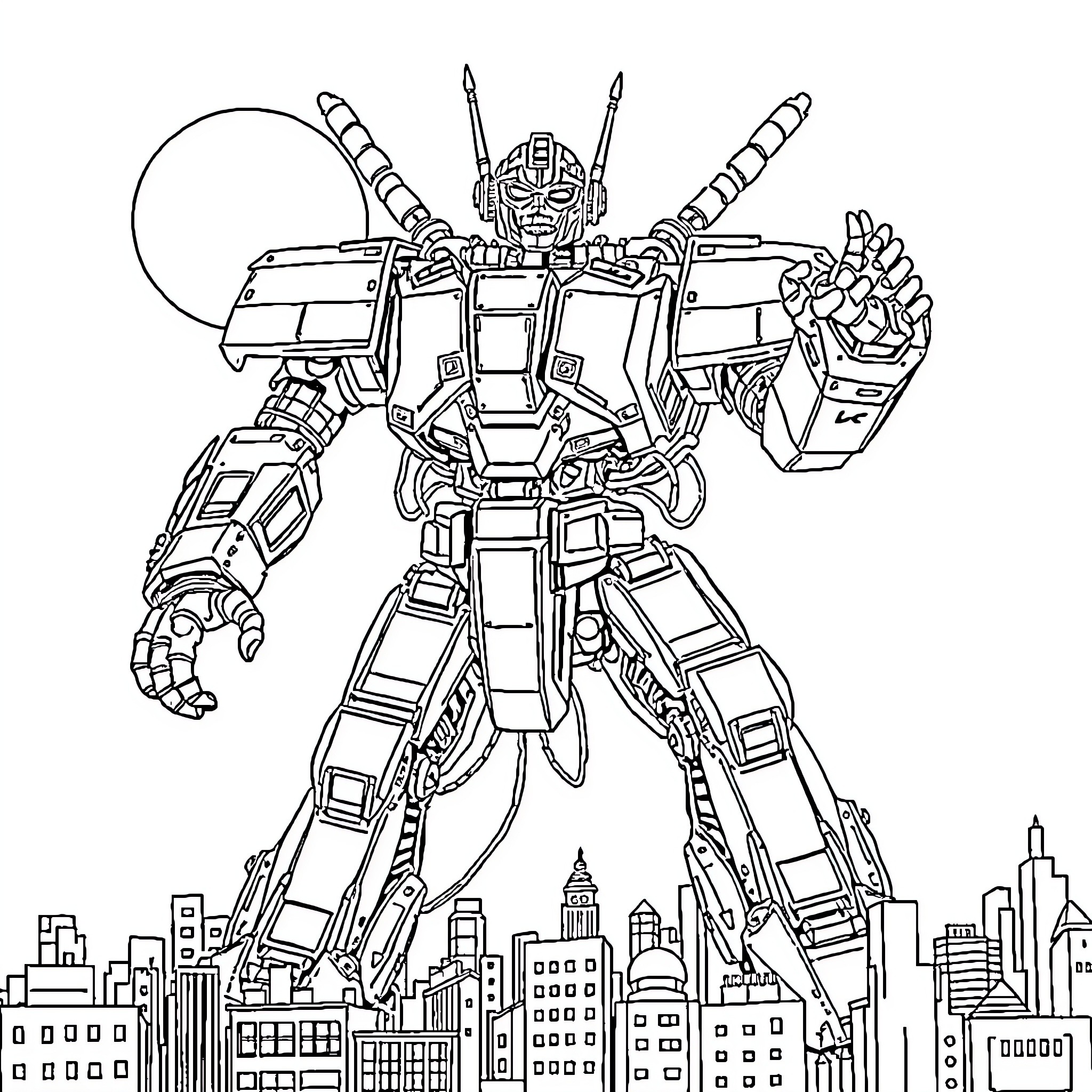 Robot Warrior Defending Cityscape with Powerful Weaponry Coloring Page (free black-and-white line drawing printable PDF for all, from beginners to advanced learners, including children, teens, adults, and seniors)