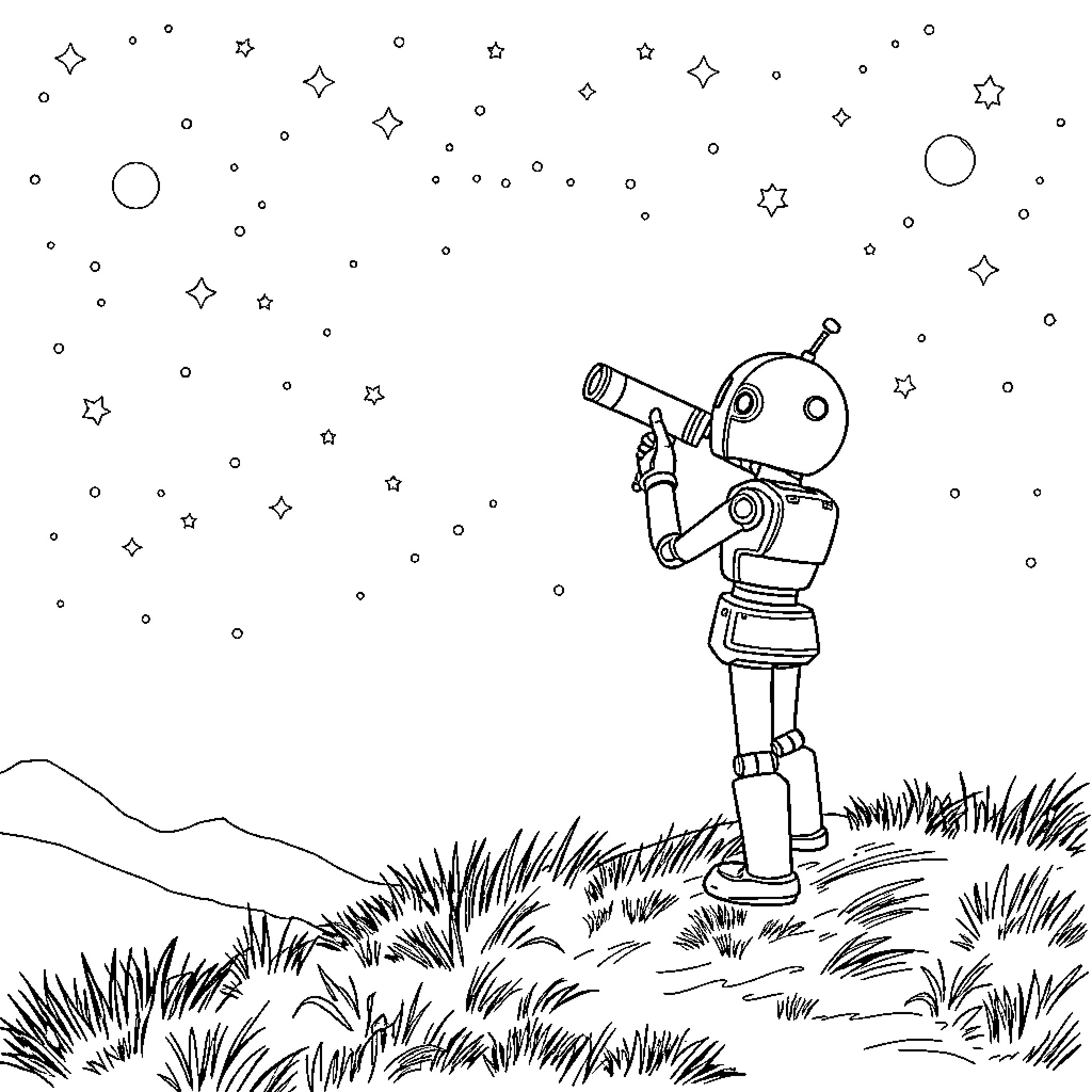 Robot exploring the starry night sky Coloring Page (free black-and-white line drawing printable PDF for all, from beginners to advanced learners, including children, teens, adults, and seniors)
