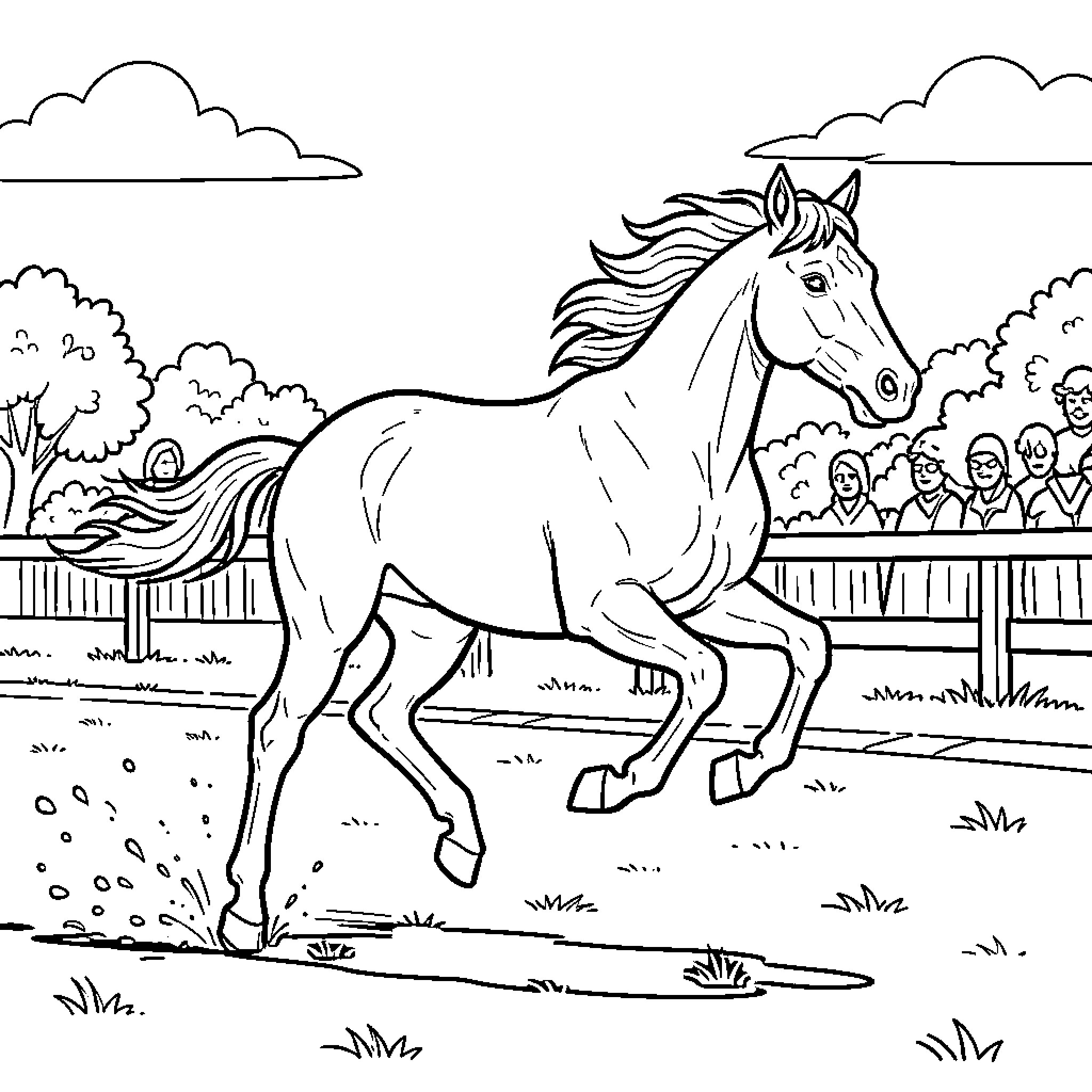 Horse running freely in the countryside Coloring Page (free black-and-white line drawing printable PDF for all, from beginners to advanced learners, including children, teens, adults, and seniors)