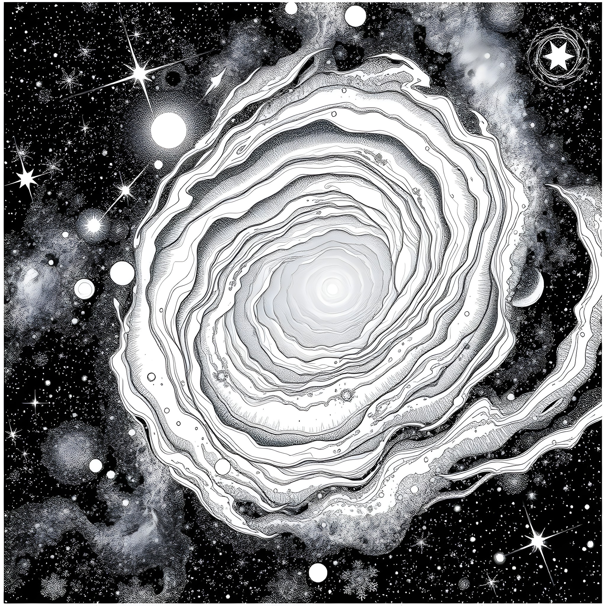 Black Hole Swirling in Cosmic Darkness Coloring Page (free black-and-white line drawing printable PDF for all, from beginners to advanced learners, including children, teens, adults, and seniors)