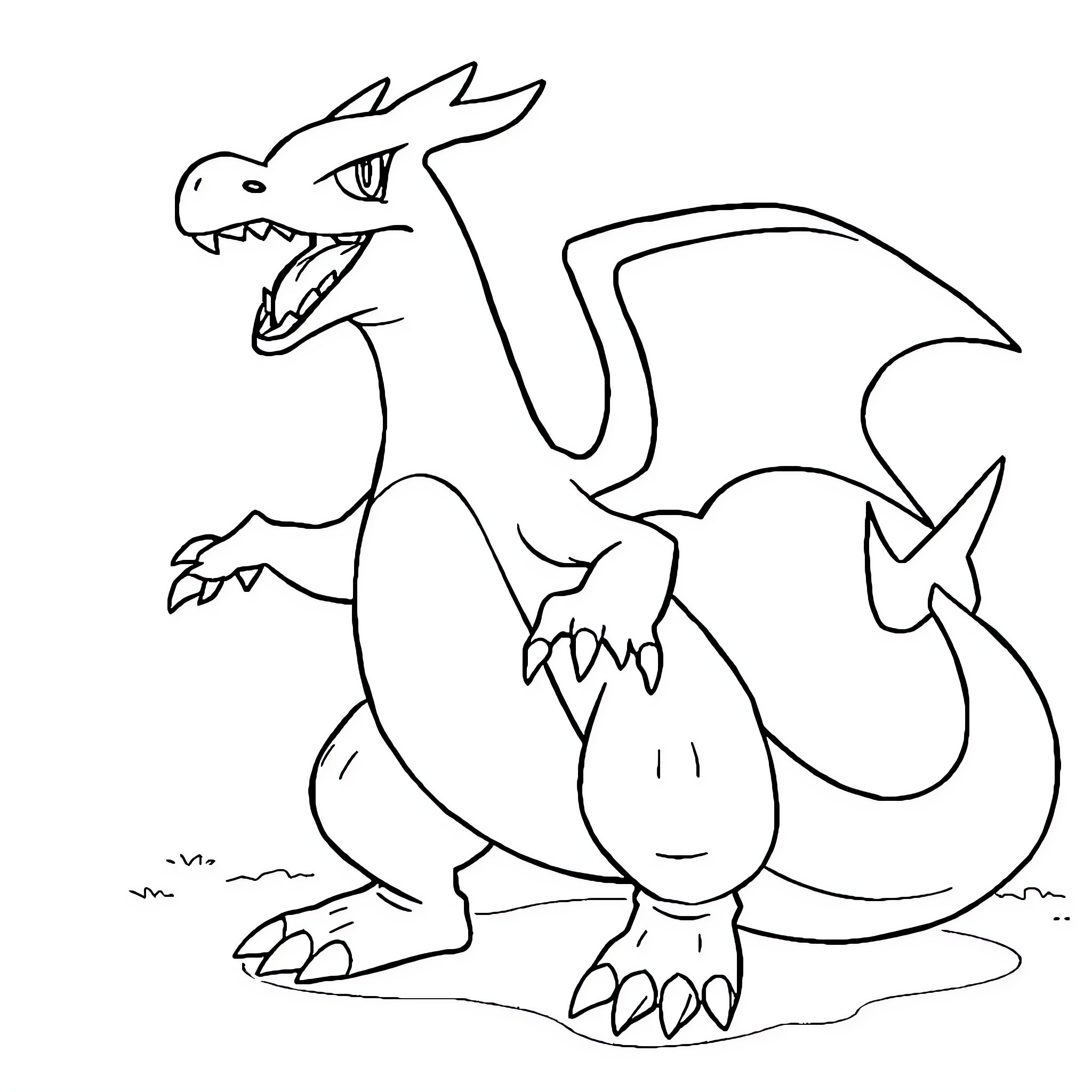 Charizard unleashing fiery roar in the wild Coloring Page (free black-and-white line drawing printable PDF for all, from beginners to advanced learners, including children, teens, adults, and seniors)