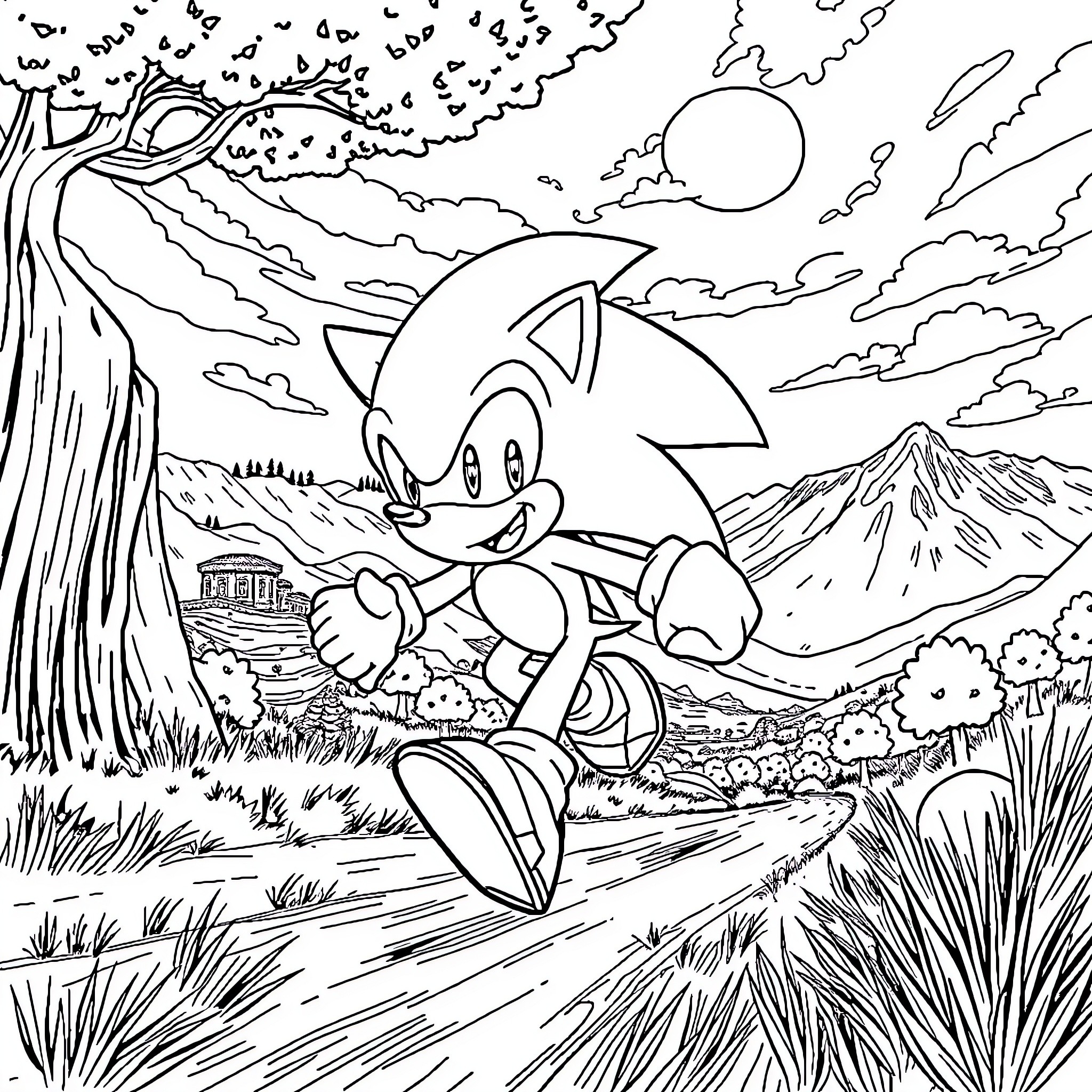 Sonic running through a beautiful landscape Coloring Page (free black-and-white line drawing printable PDF for all, from beginners to advanced learners, including children, teens, adults, and seniors)