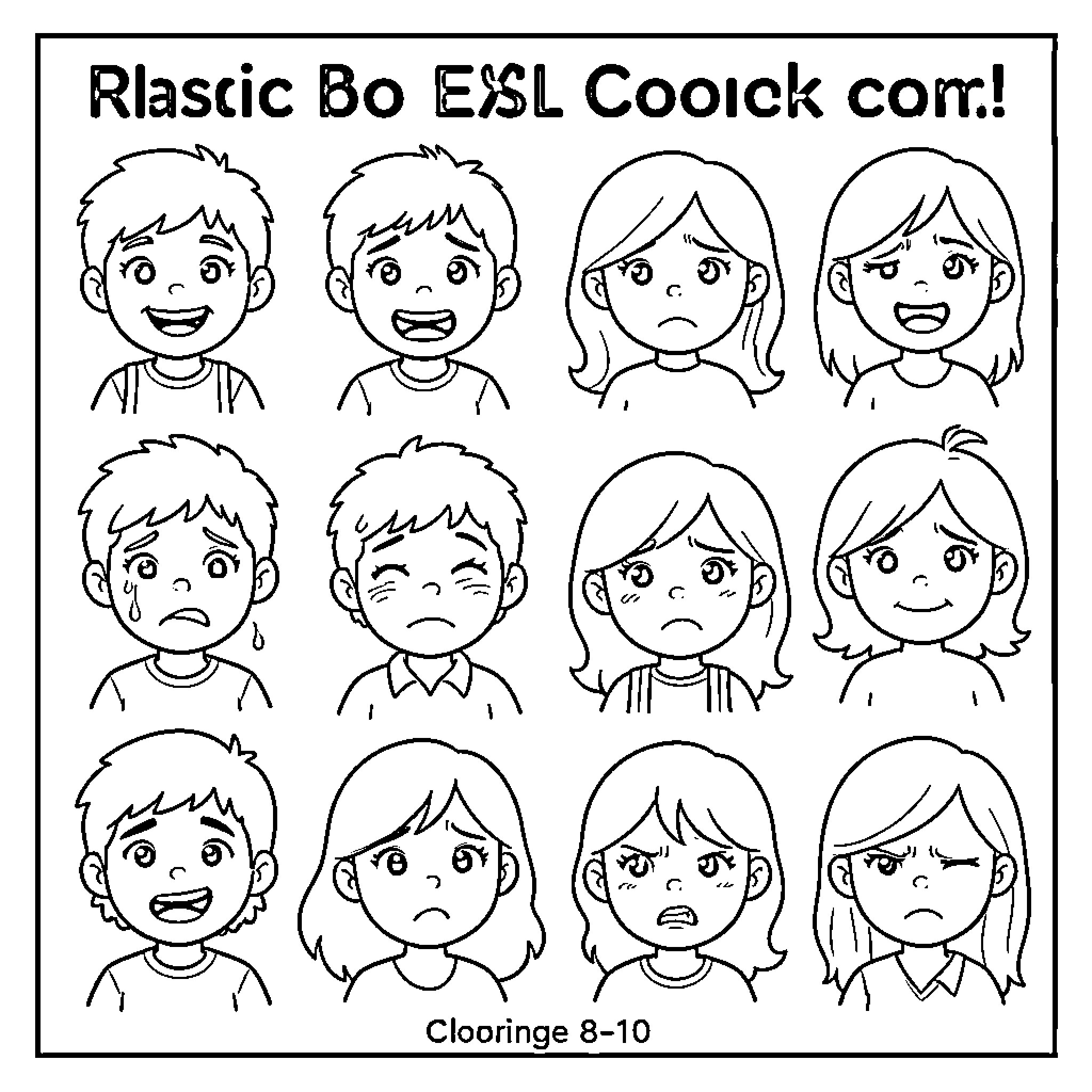 Emotion-filled expressions of a diverse group Coloring Page (free black-and-white line drawing printable PDF for all, from beginners to advanced learners, including children, teens, adults, and seniors)
