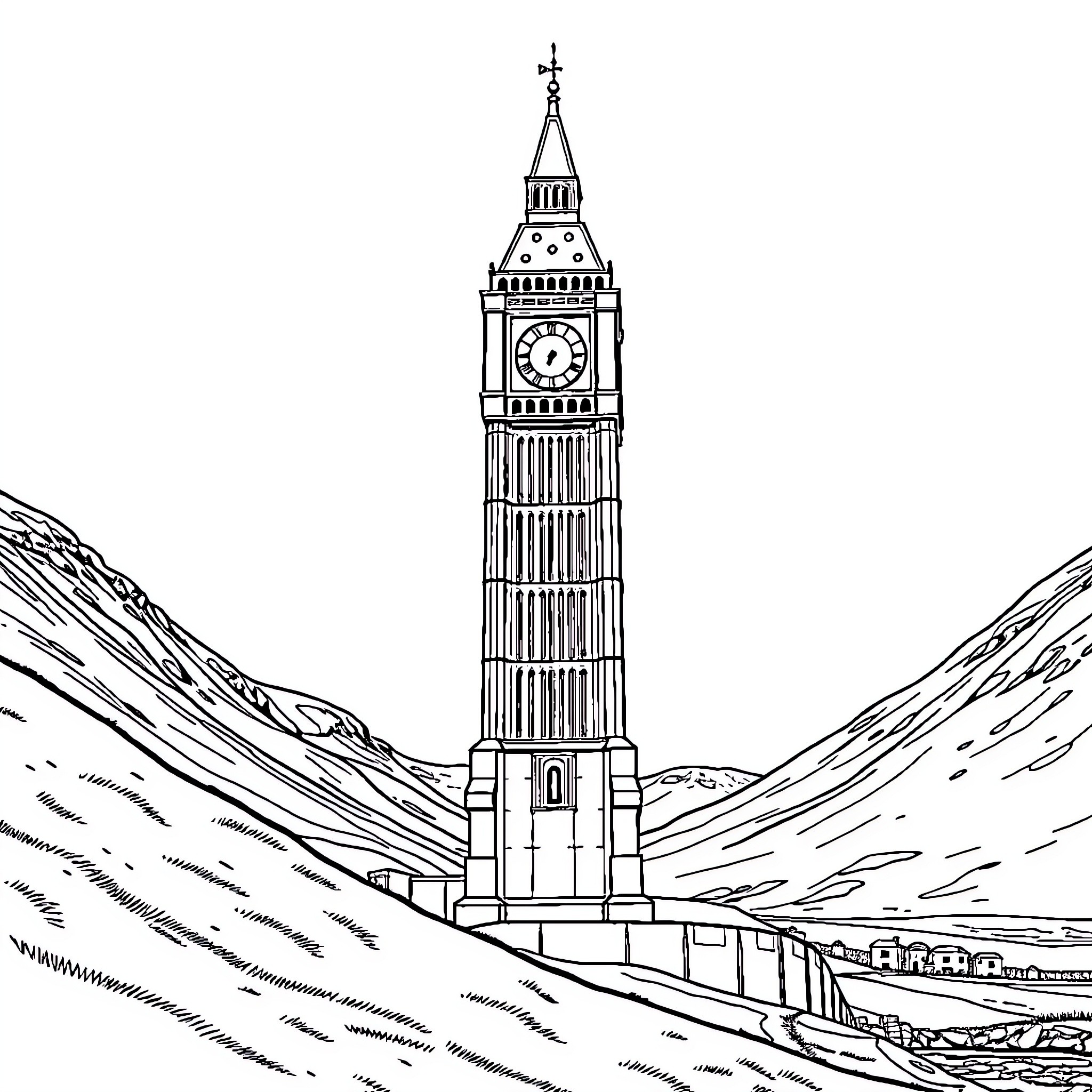 Big Ben in a Dramatic Landscape Coloring Page (free black-and-white line drawing printable PDF for all, from beginners to advanced learners, including children, teens, adults, and seniors)