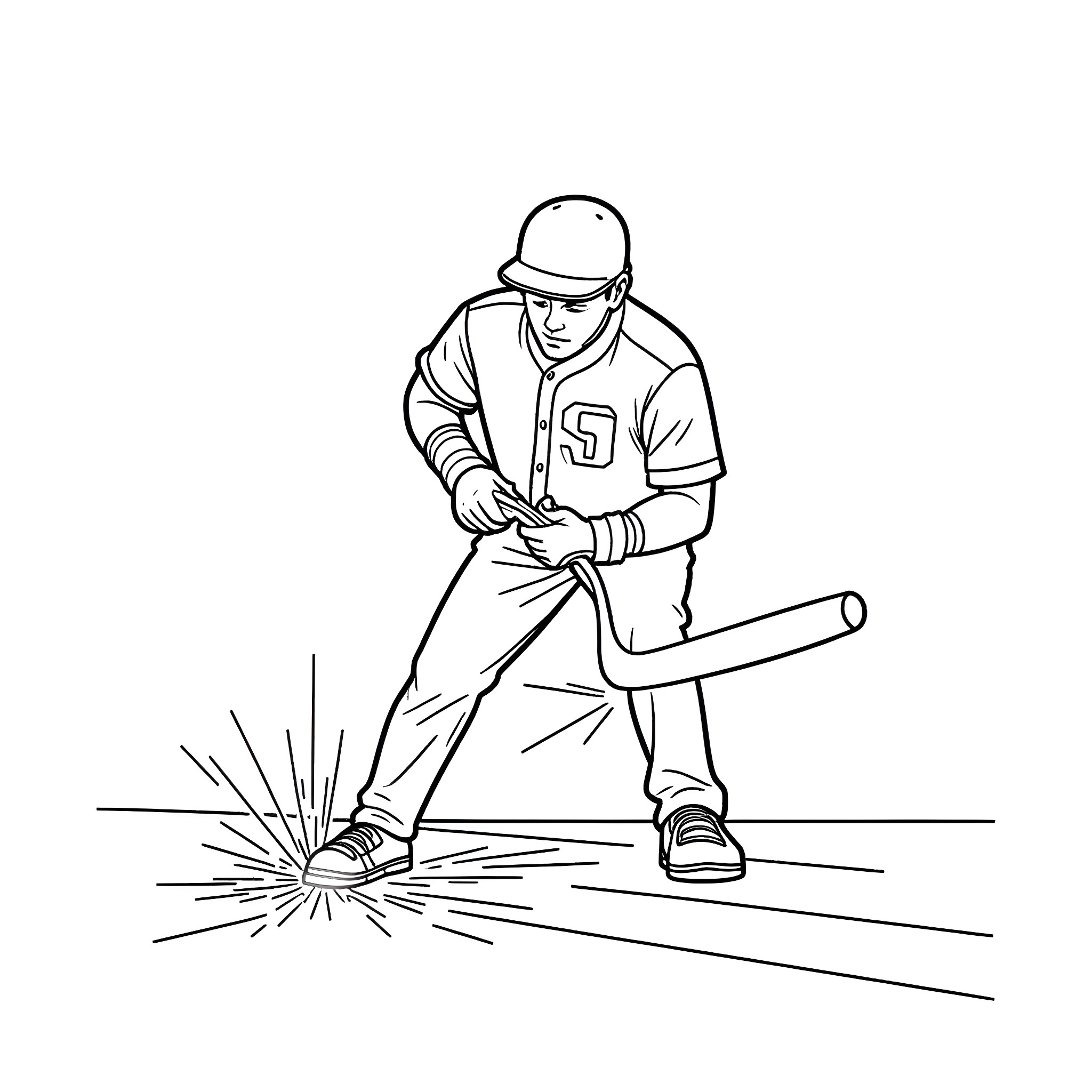 Baseball Player Hitting Ball on Field Coloring Page (free black-and-white line drawing printable PDF for all, from beginners to advanced learners, including children, teens, adults, and seniors)
