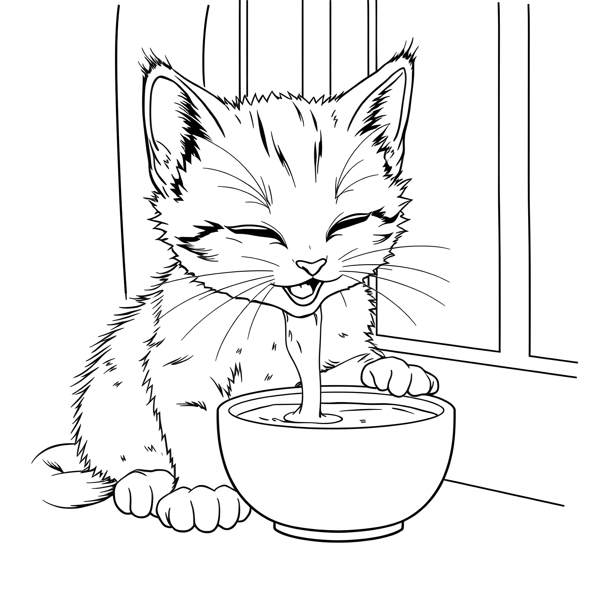 Kitten enjoying a cozy bowl Coloring Page (free black-and-white line drawing printable PDF for all, from beginners to advanced learners, including children, teens, adults, and seniors)