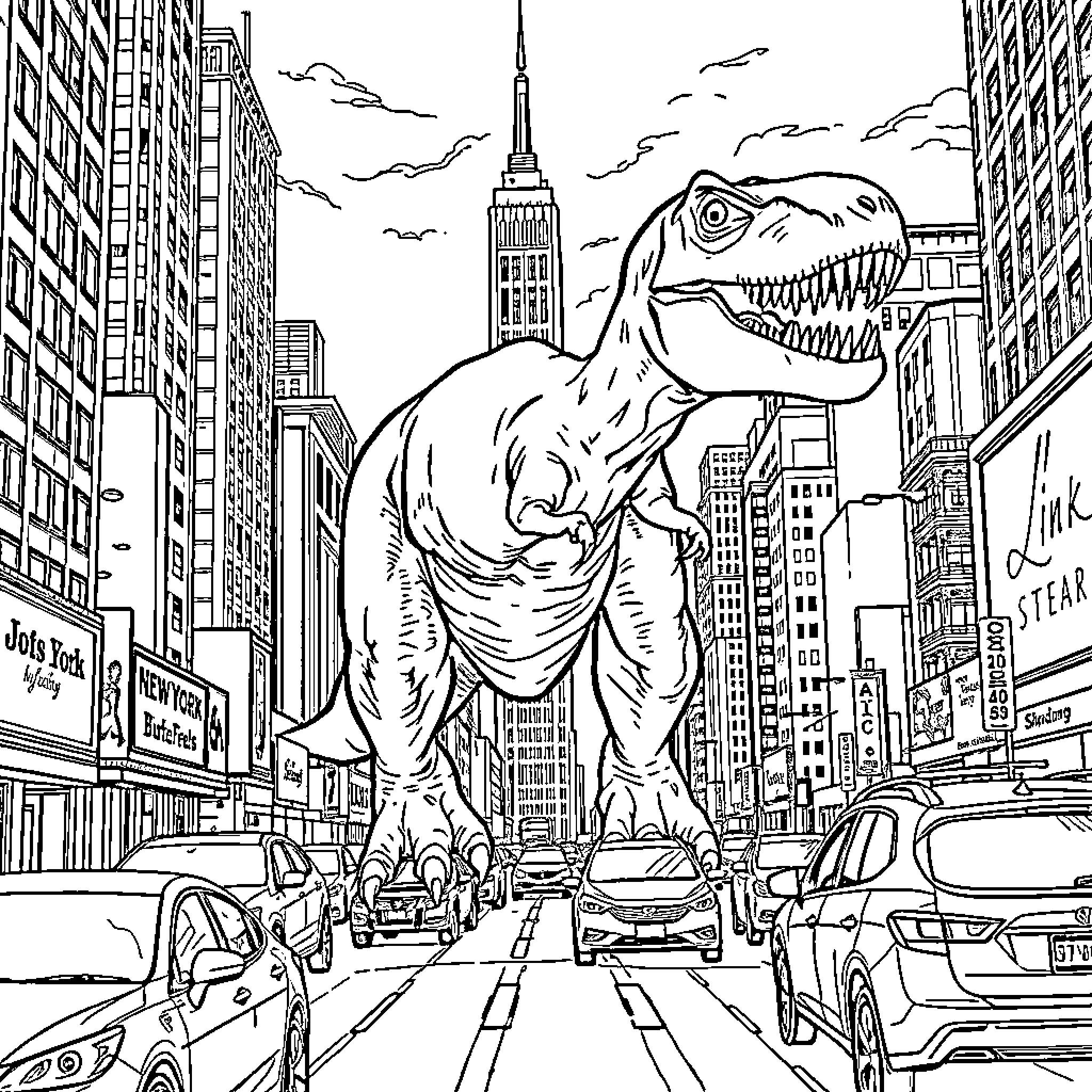 T-Rex Stomping Through the City Coloring Page (free black-and-white line drawing printable PDF for all, from beginners to advanced learners, including children, teens, adults, and seniors)