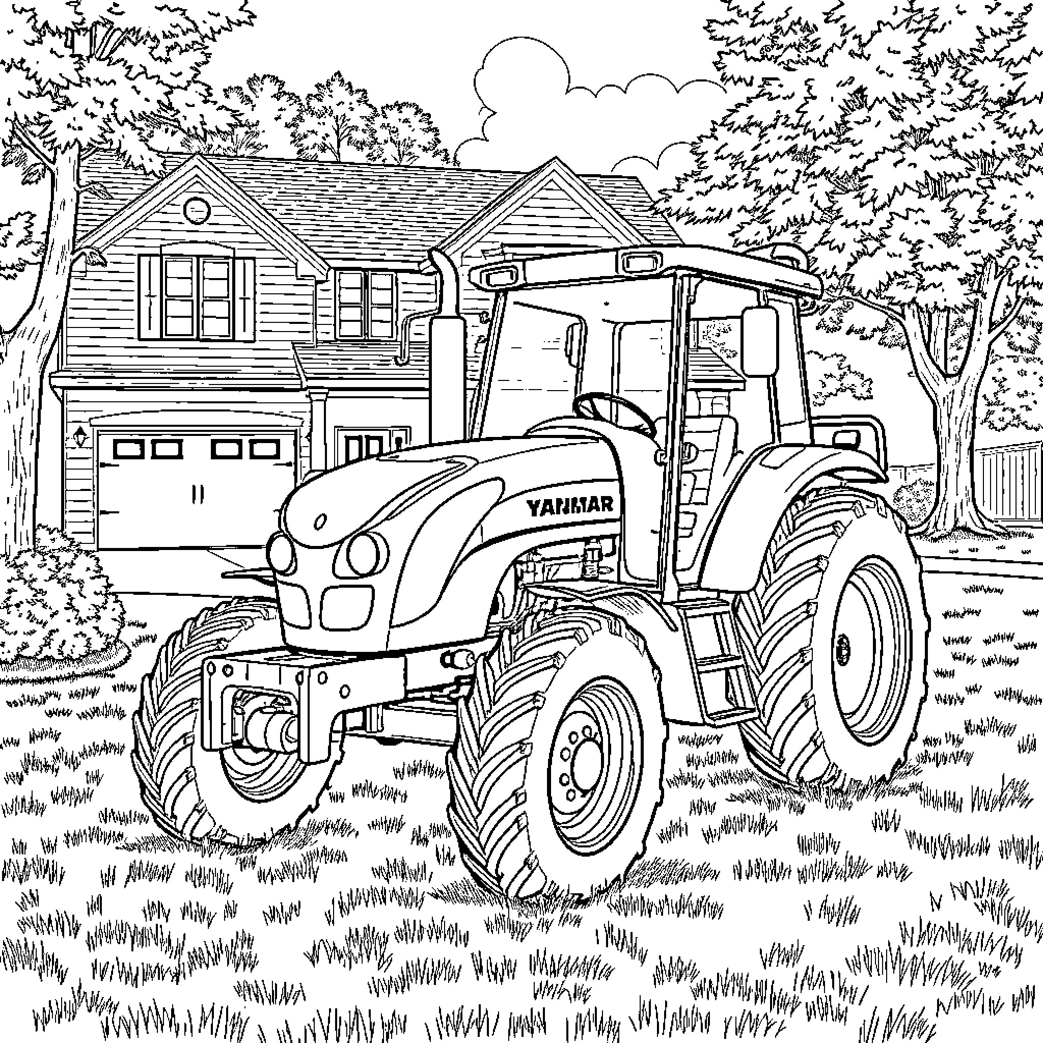 Tractor working in the countryside near a house Coloring Page (free black-and-white line drawing printable PDF for all, from beginners to advanced learners, including children, teens, adults, and seniors)