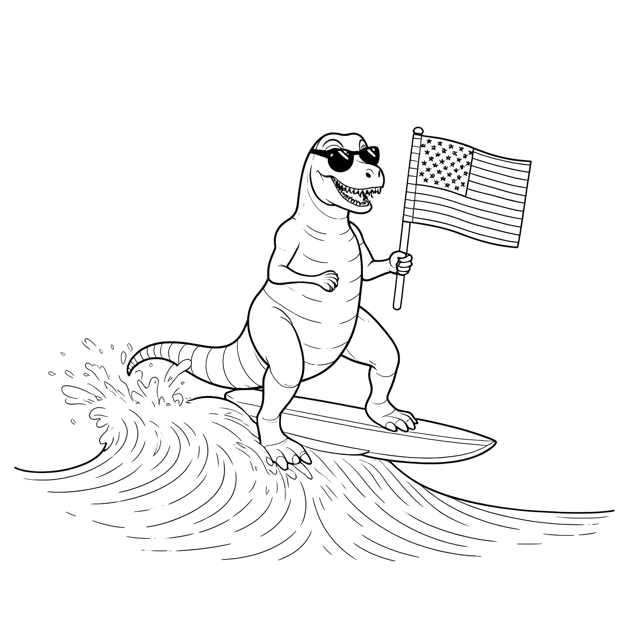 Dinosaur surfing with American flag Coloring Page (free black-and-white line drawing printable PDF for all, from beginners to advanced learners, including children, teens, adults, and seniors)