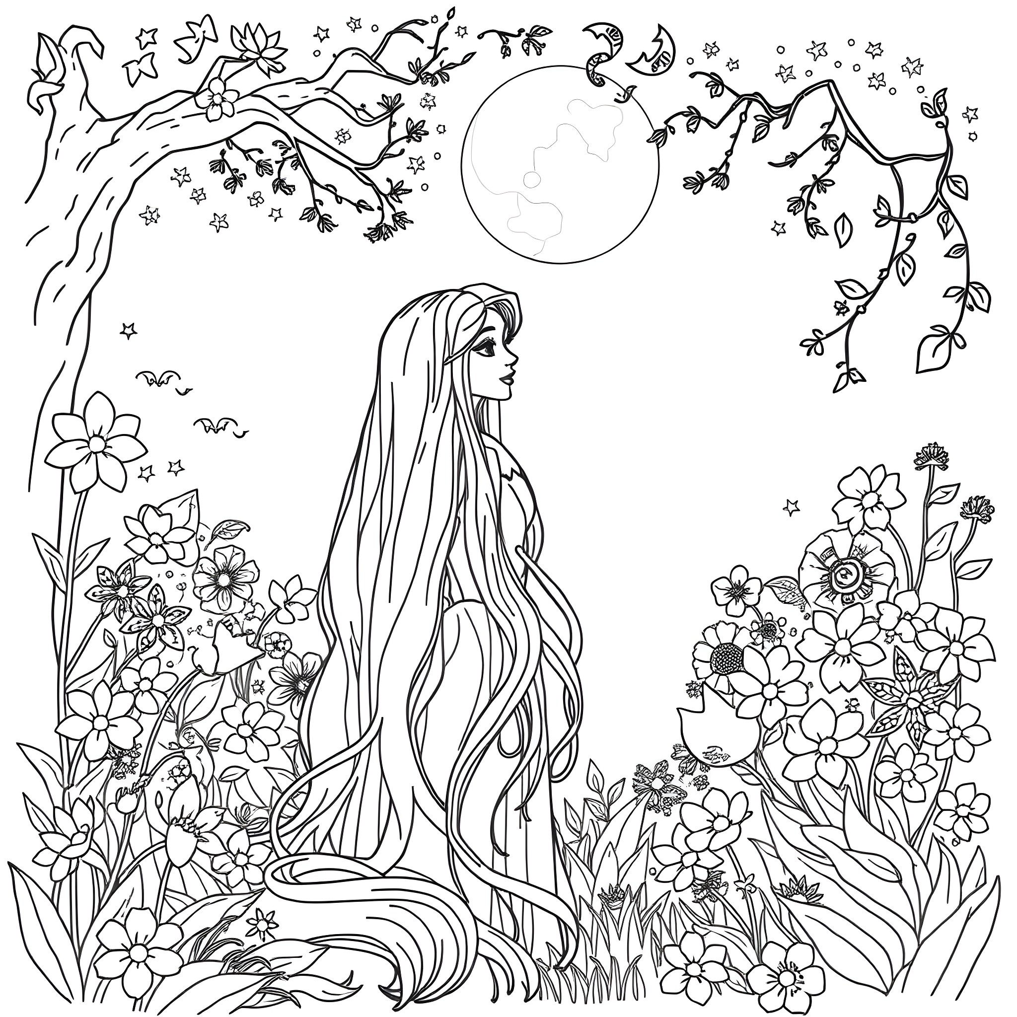 Rapunzel's Enchanting Garden Adventure Coloring Page (free black-and-white line drawing printable PDF for all, from beginners to advanced learners, including children, teens, adults, and seniors)