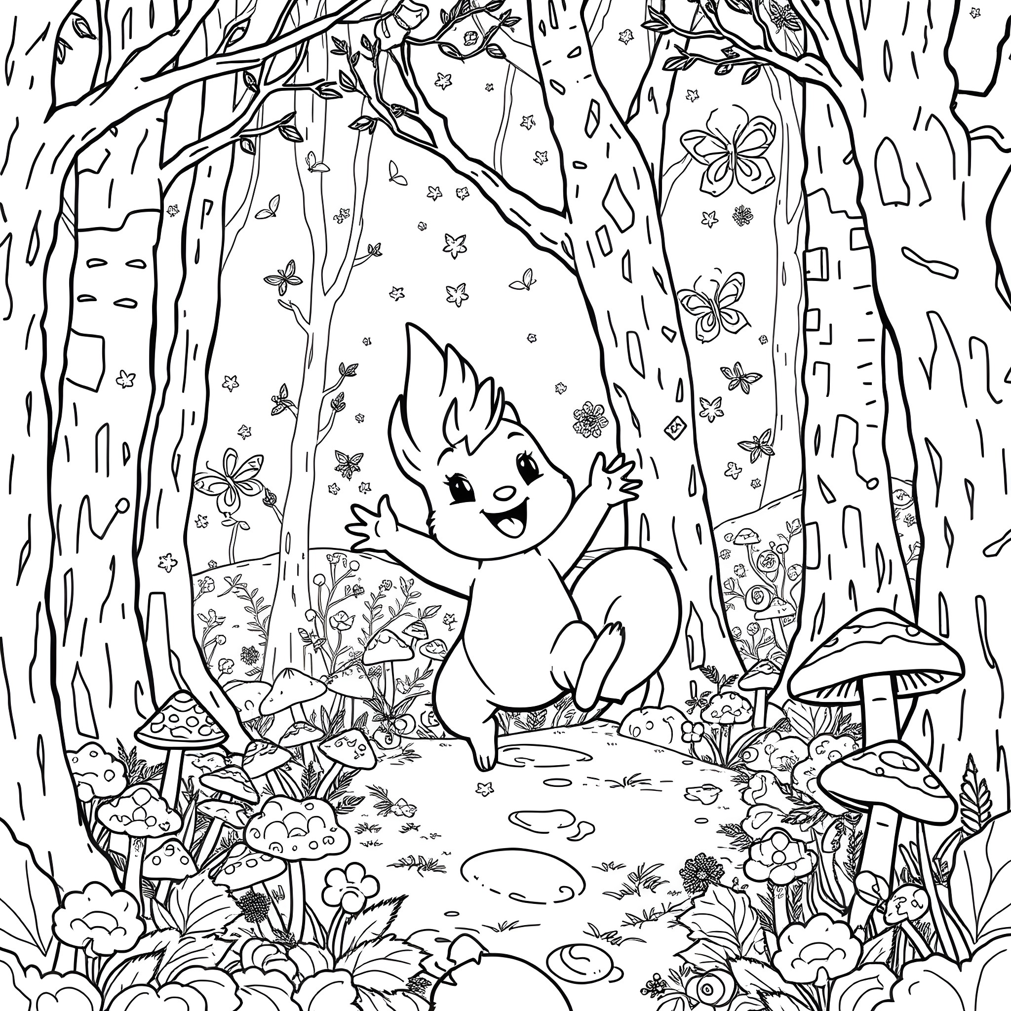 Sprunki's Enchanted Forest Adventure Coloring Page (free black-and-white line drawing printable PDF for all, from beginners to advanced learners, including children, teens, adults, and seniors)