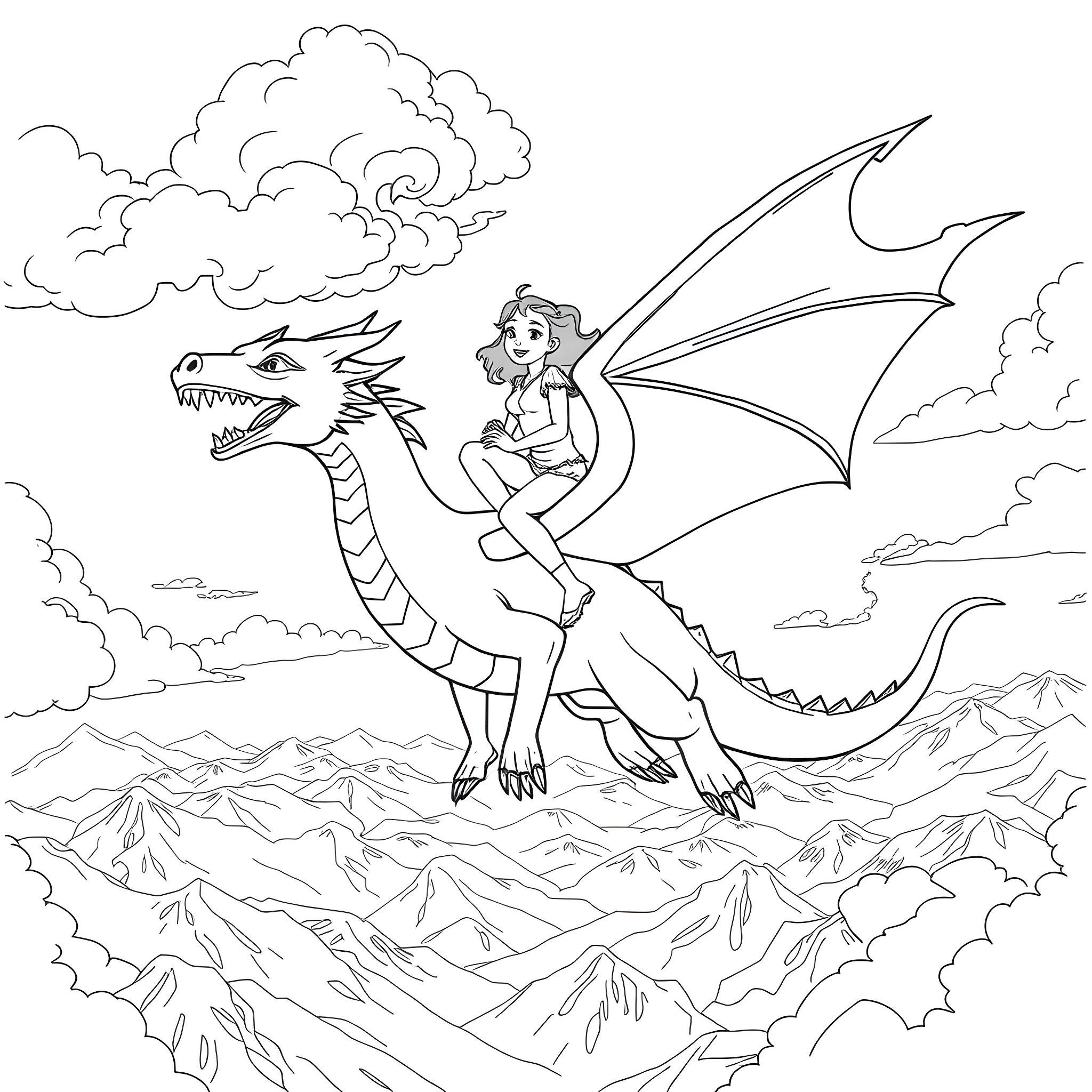 Sydney Sweeney riding a fantasy dragon in the clouds Coloring Page (free black-and-white line drawing printable PDF for all, from beginners to advanced learners, including children, teens, adults, and seniors)