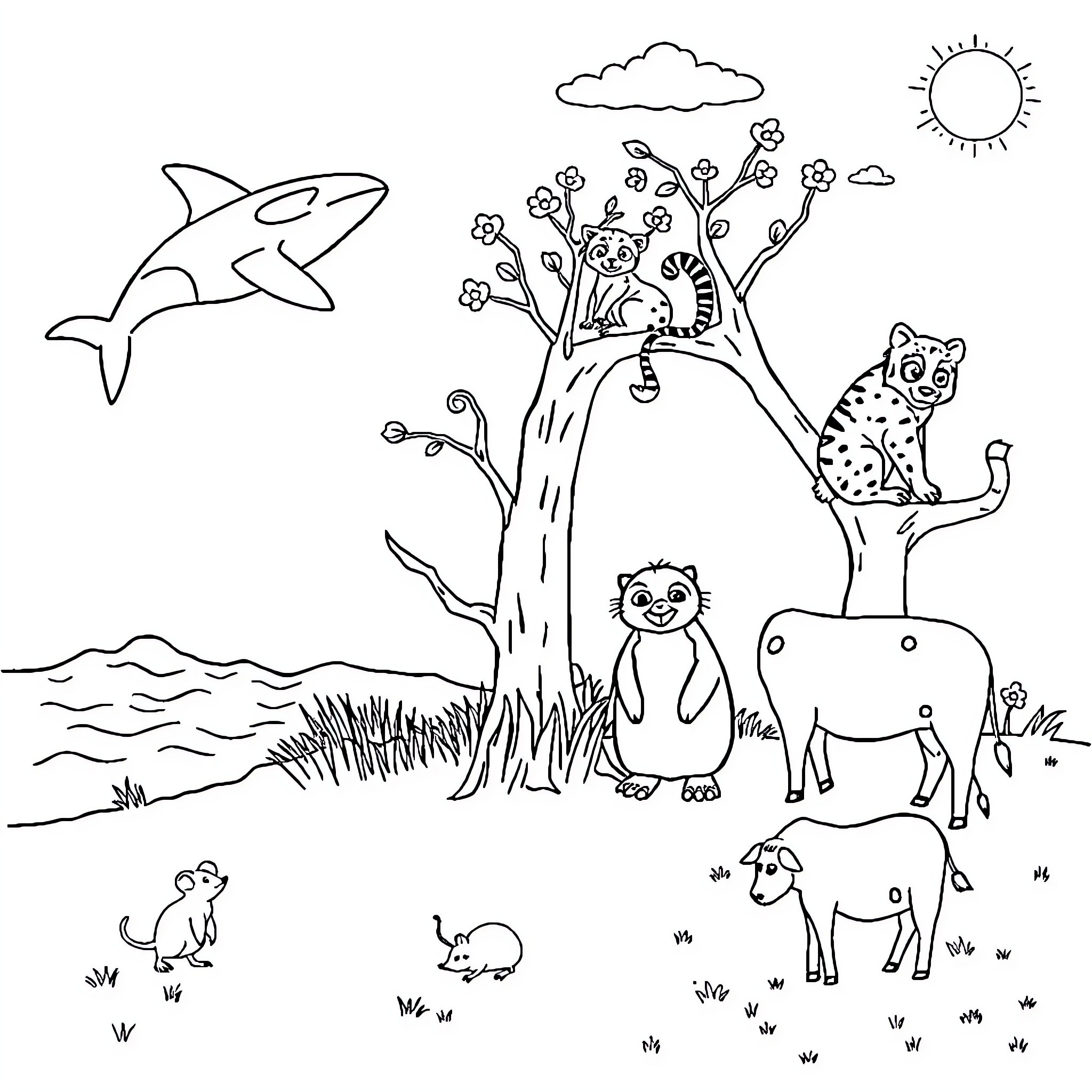 Orca swimming by wildlife in natural habitat Coloring Page (free black-and-white line drawing printable PDF for all, from beginners to advanced learners, including children, teens, adults, and seniors)