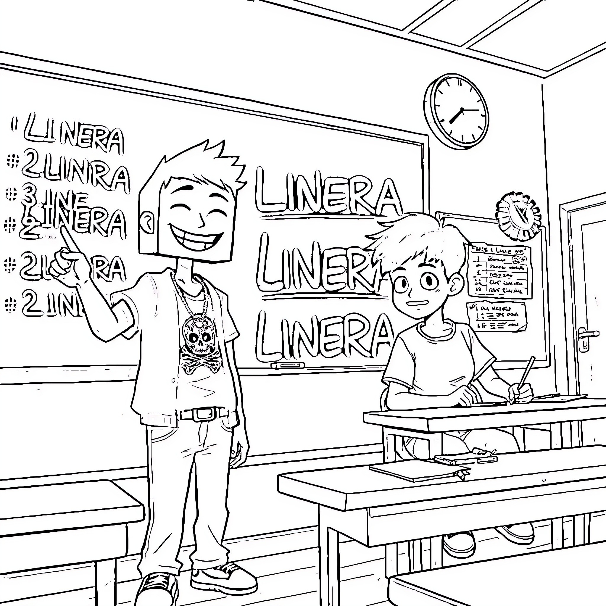 Classroom scene with students and chalkboard Coloring Page (free black-and-white line drawing printable PDF for all, from beginners to advanced learners, including children, teens, adults, and seniors)