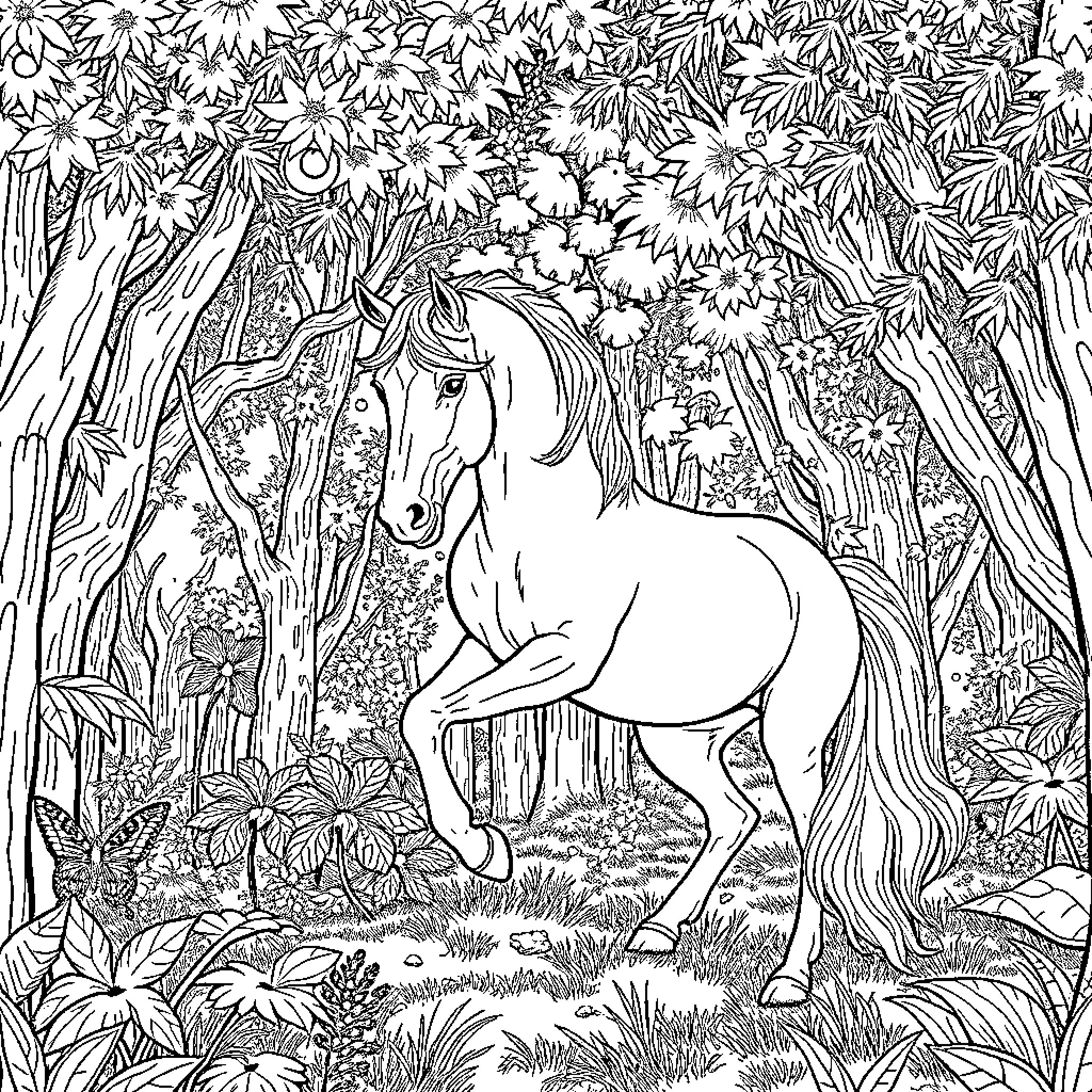 Horse in a magical forest Coloring Page (free black-and-white line drawing printable PDF for all, from beginners to advanced learners, including children, teens, adults, and seniors)