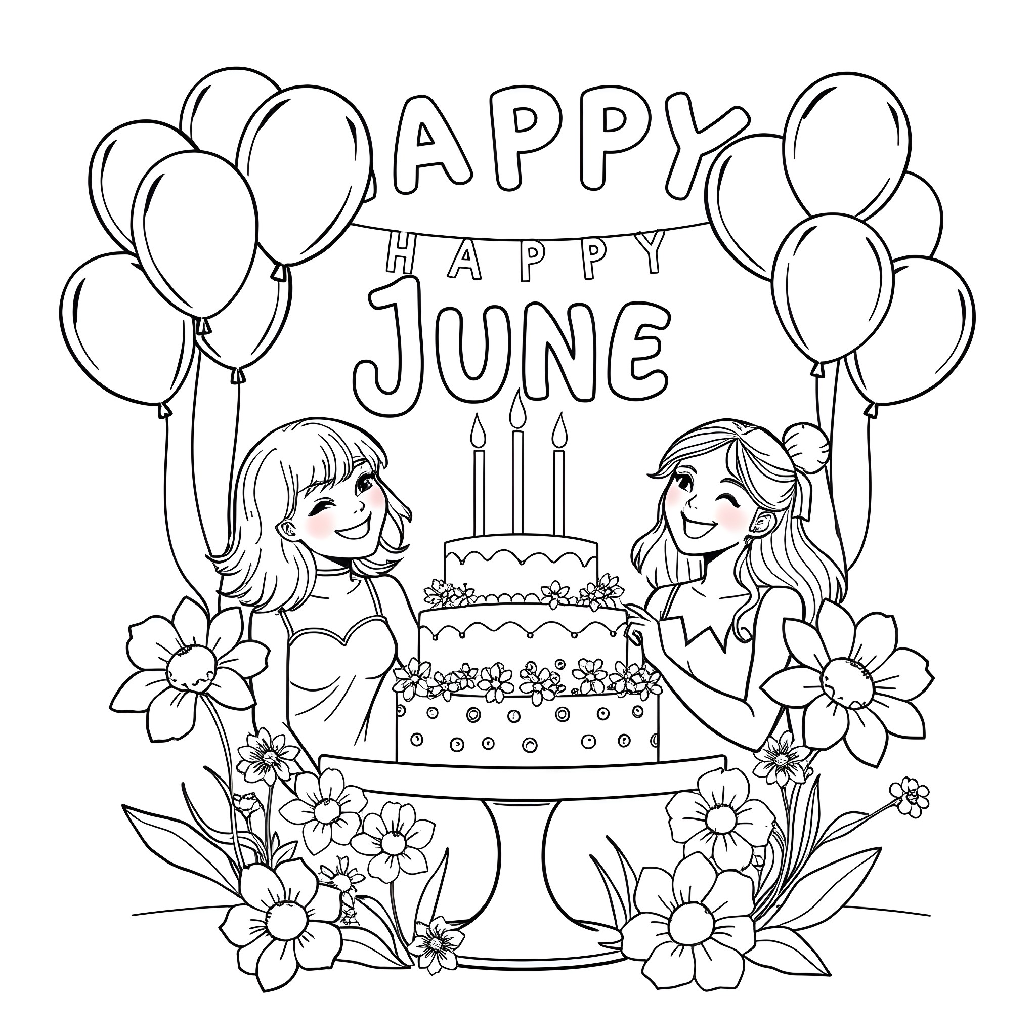June girls celebrating happy birthday with cake and balloons Coloring Page (free black-and-white line drawing printable PDF for all, from beginners to advanced learners, including children, teens, adults, and seniors)