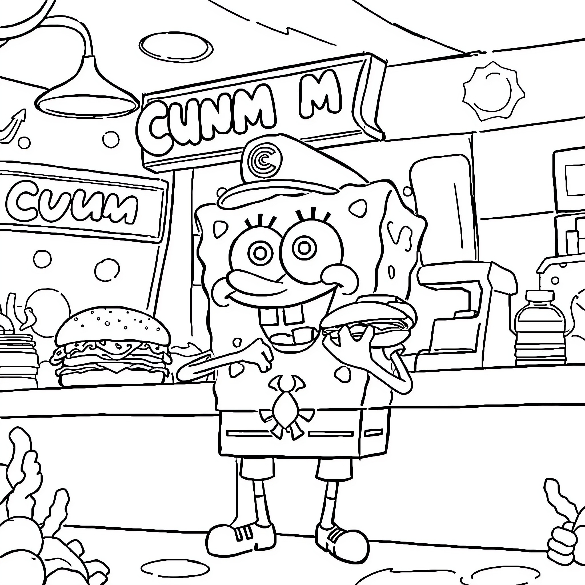 Spongebob purchases fast food at the Crunchy Crab restaurant Coloring Page (free black-and-white line drawing printable PDF for all, from beginners to advanced learners, including children, teens, adults, and seniors)