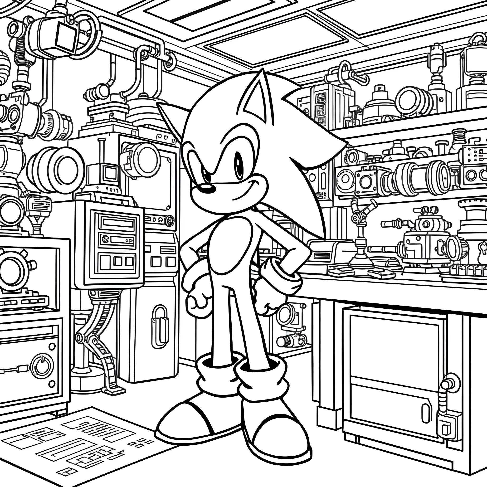 Sonic exploring a futuristic workshop filled with gadgets Coloring Page (free black-and-white line drawing printable PDF for all, from beginners to advanced learners, including children, teens, adults, and seniors)