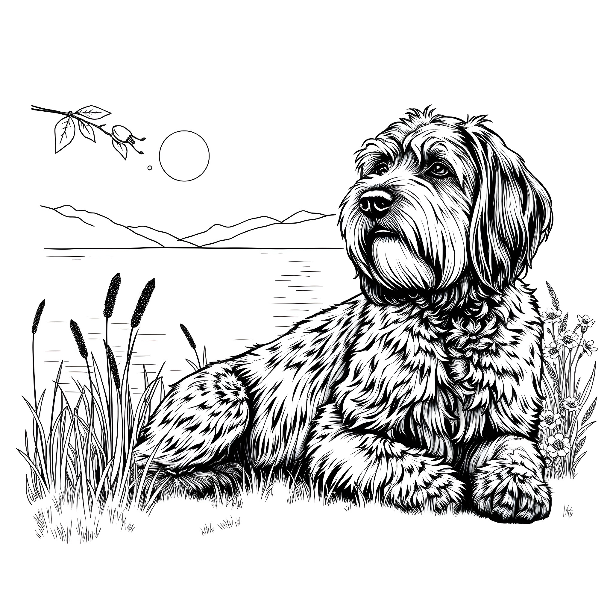 Wirehaired Pointing Griffon enjoying scenic landscape Coloring Page (free black-and-white line drawing printable PDF for all, from beginners to advanced learners, including children, teens, adults, and seniors)