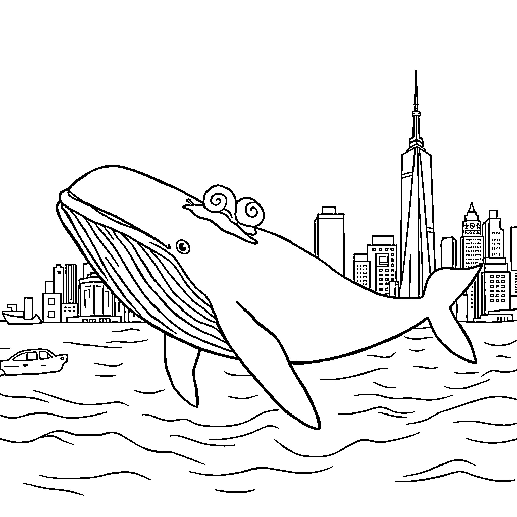 Snail whale swimming through city skyline Coloring Page (free black-and-white line drawing printable PDF for all, from beginners to advanced learners, including children, teens, adults, and seniors)