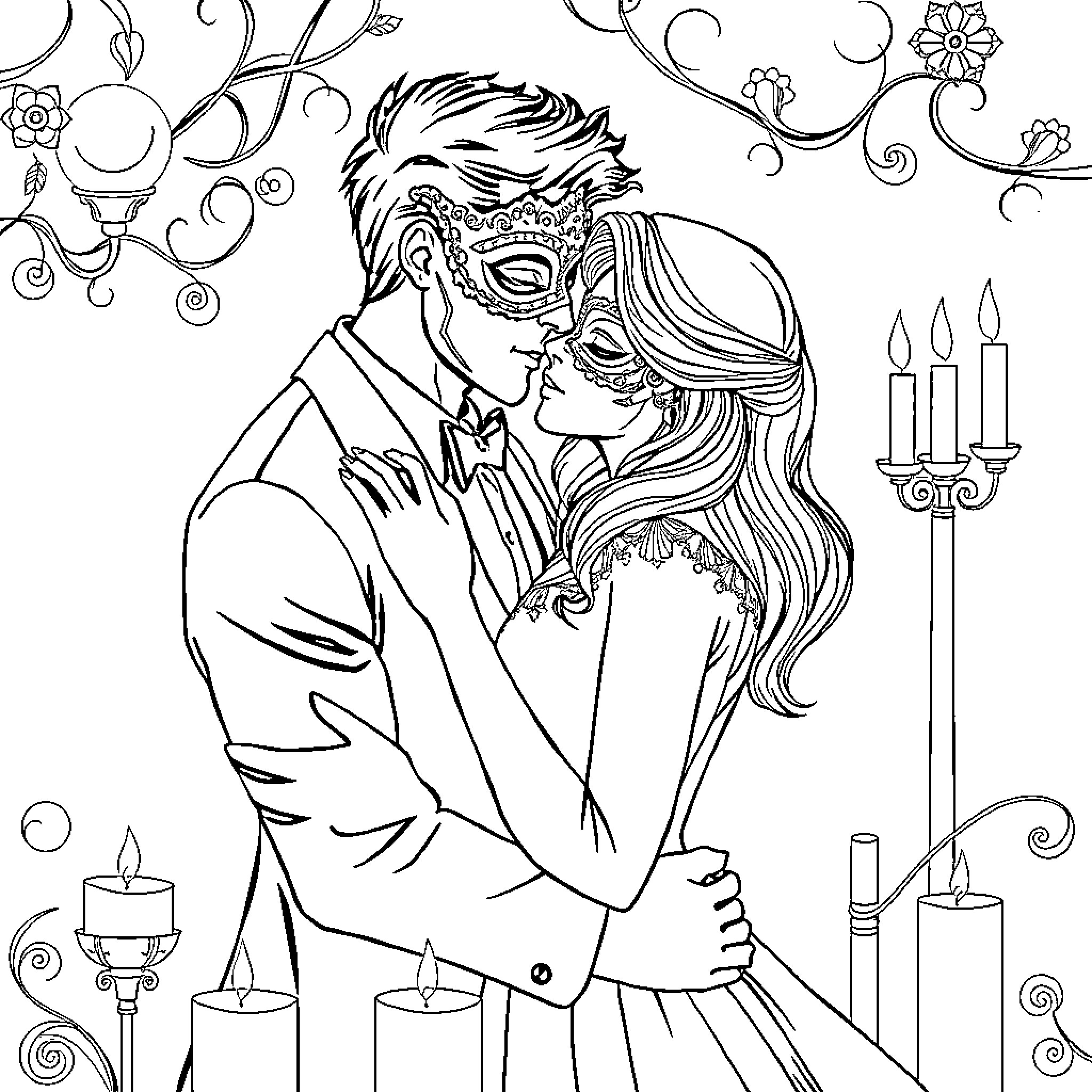 Couple sharing a romantic moment at a masquerade ball Coloring Page (free black-and-white line drawing printable PDF for all, from beginners to advanced learners, including children, teens, adults, and seniors)
