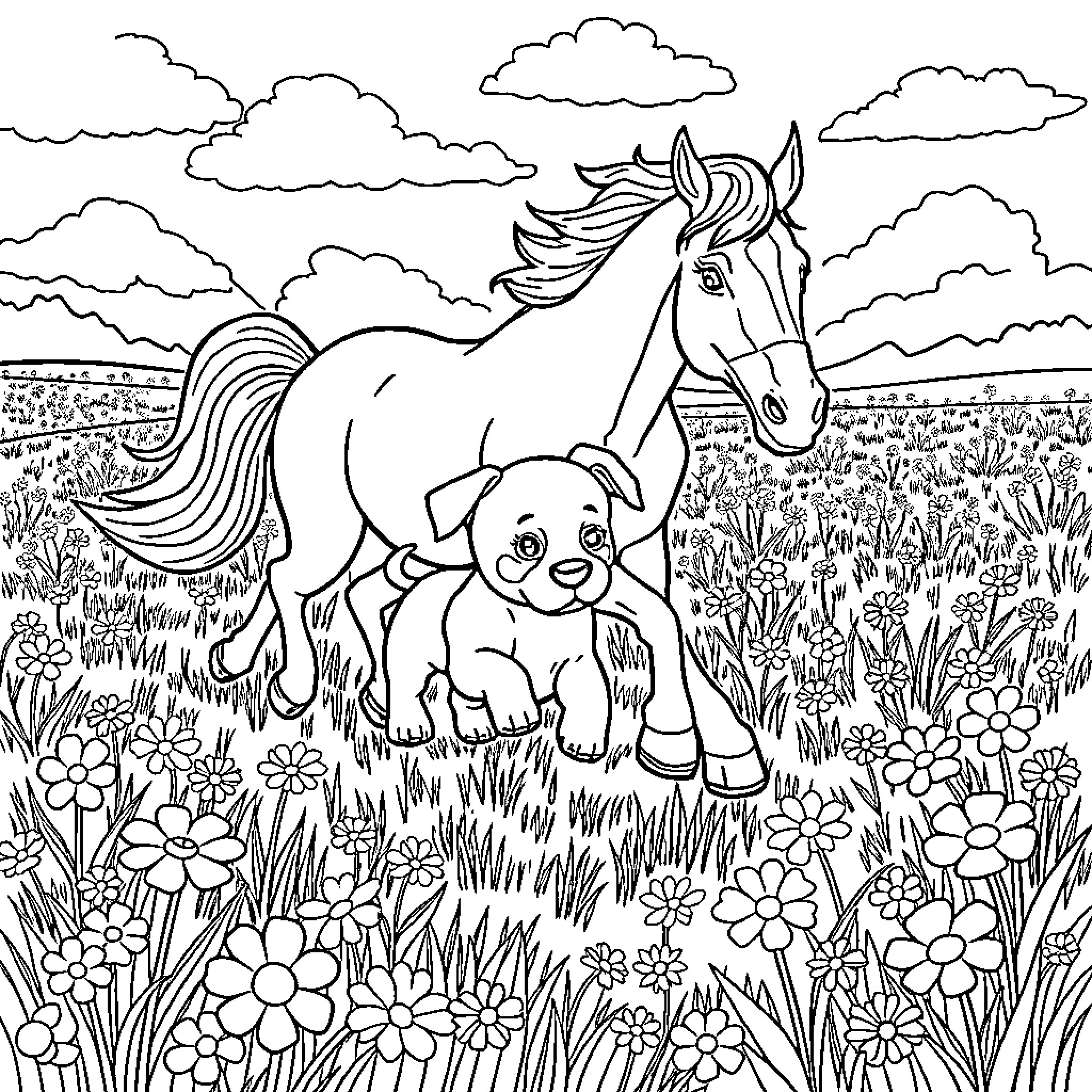 Puppy and horse enjoying meadow in the clouds Coloring Page (free black-and-white line drawing printable PDF for all, from beginners to advanced learners, including children, teens, adults, and seniors)