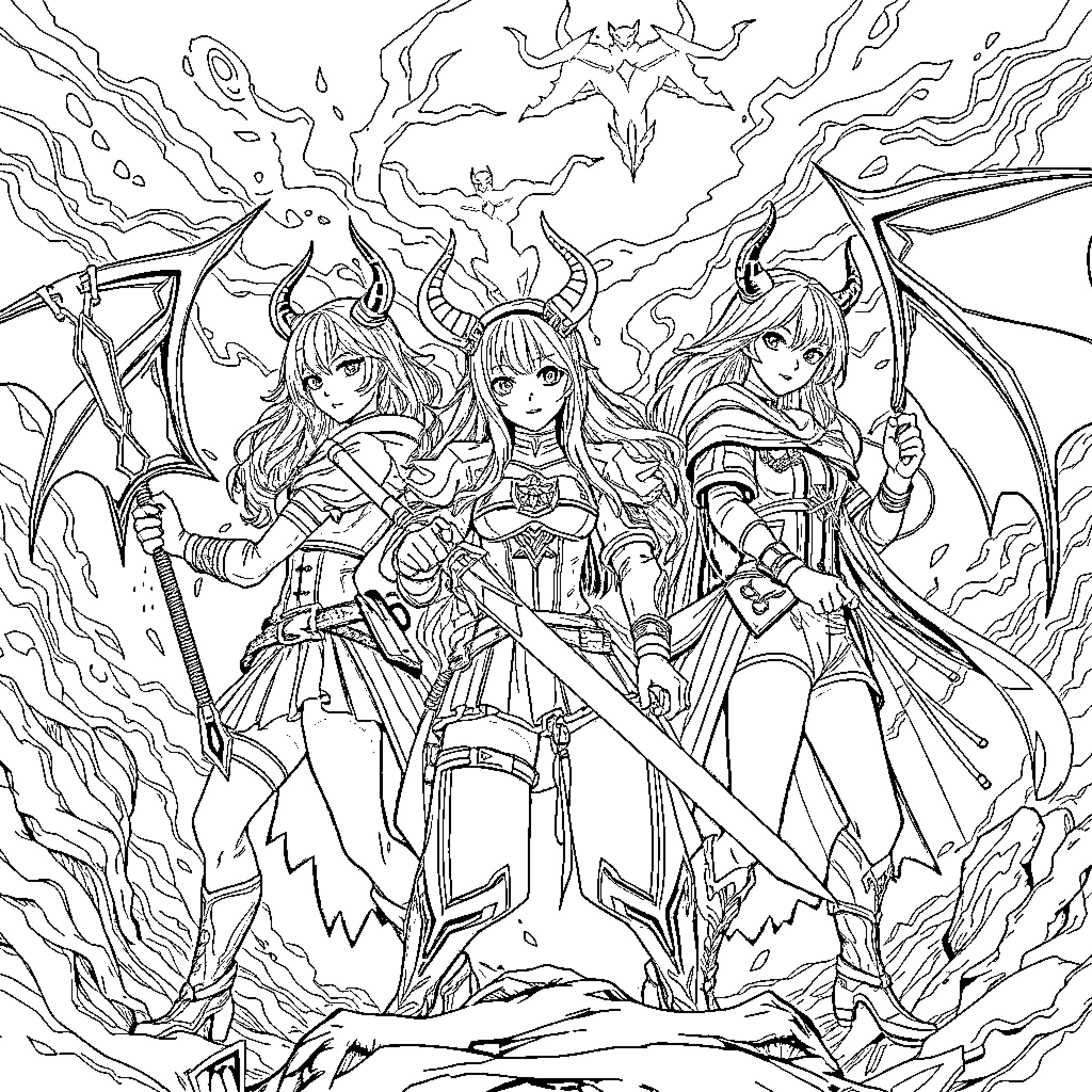 Demon Hunter Girls with Magical Weapons and Demonic Backdrop Coloring Page (free black-and-white line drawing printable PDF for all, from beginners to advanced learners, including children, teens, adults, and seniors)