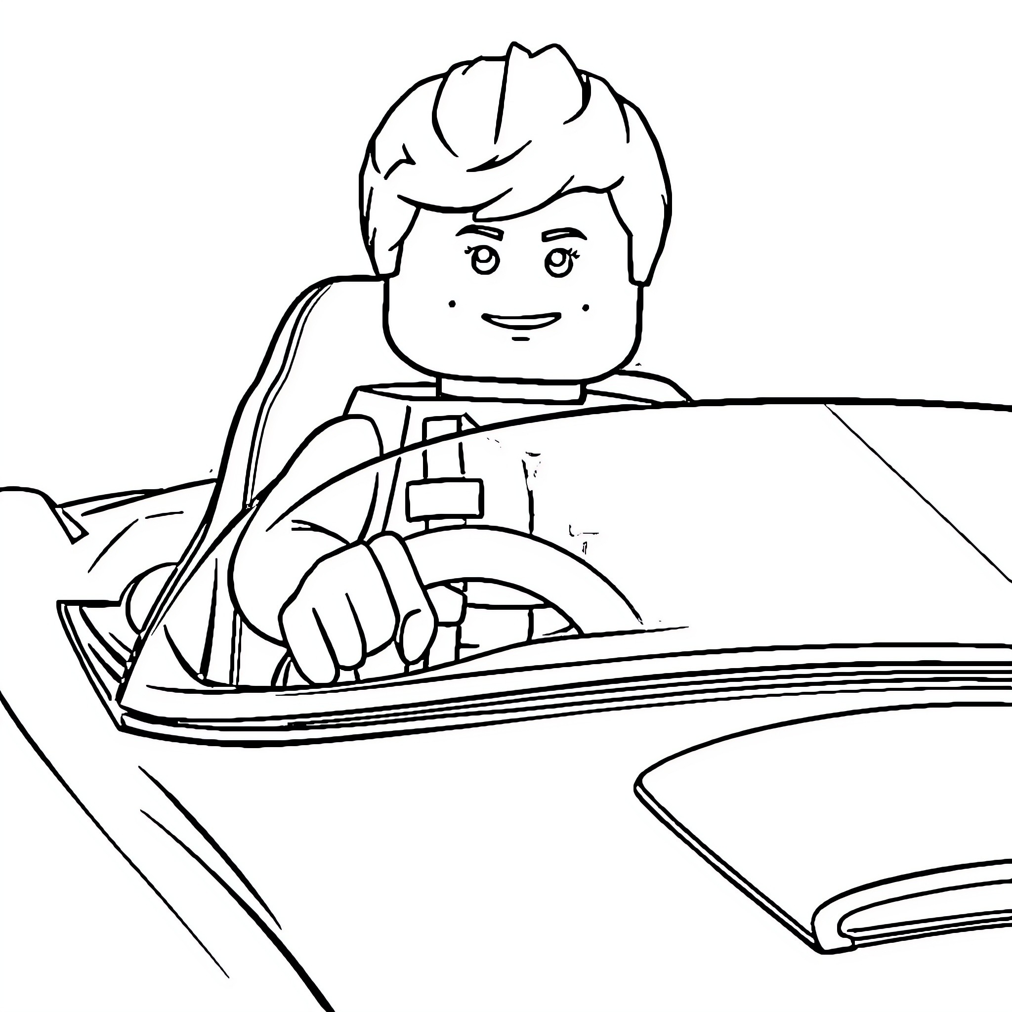 LEGO Minifigure driving a car happily Coloring Page (free black-and-white line drawing printable PDF for all, from beginners to advanced learners, including children, teens, adults, and seniors)