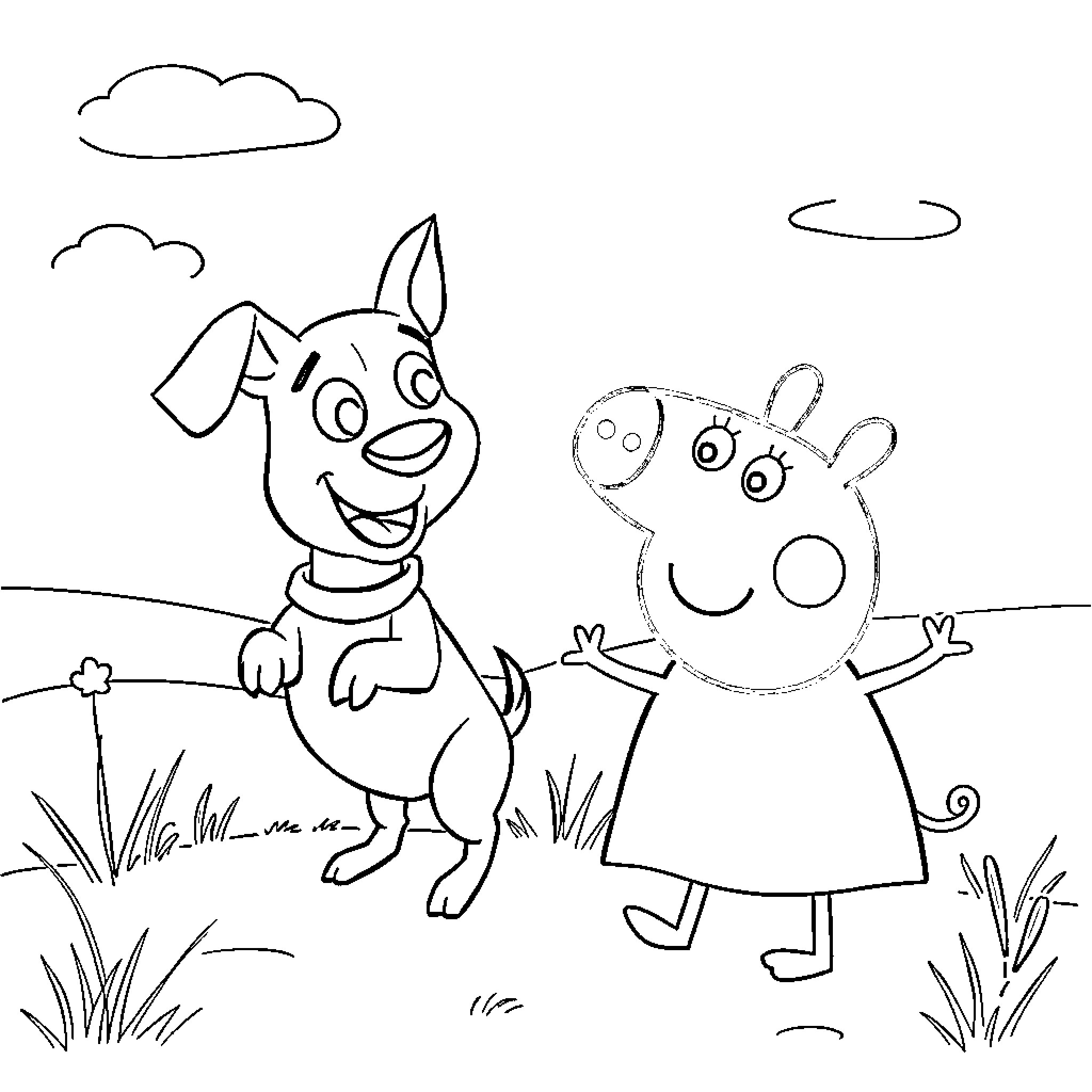 Paw Patrol Characters Having Fun Outdoors Coloring Page (free black-and-white line drawing printable PDF for all, from beginners to advanced learners, including children, teens, adults, and seniors)