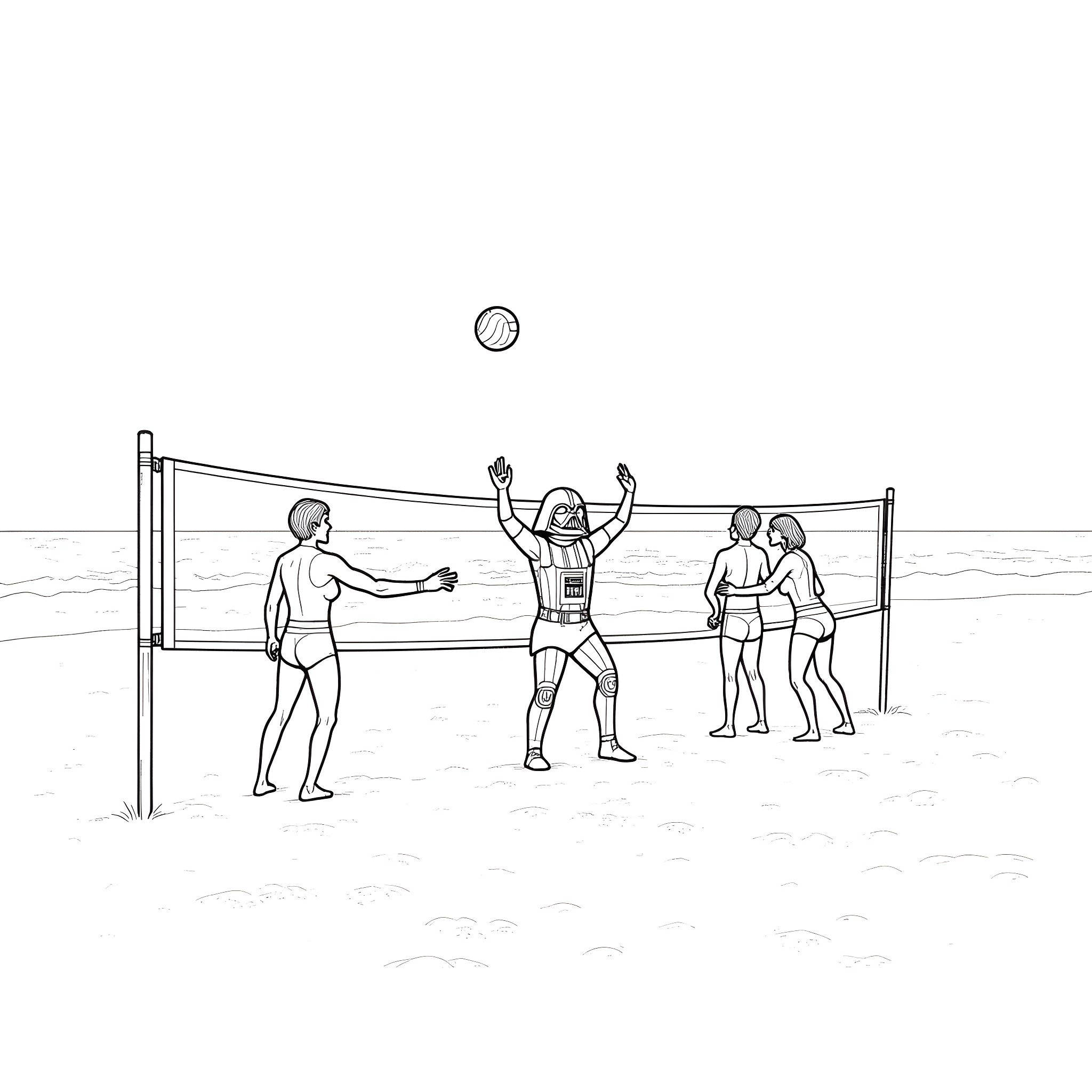 Darth Vader playing beach volleyball with friends Coloring Page (free black-and-white line drawing printable PDF for all, from beginners to advanced learners, including children, teens, adults, and seniors)