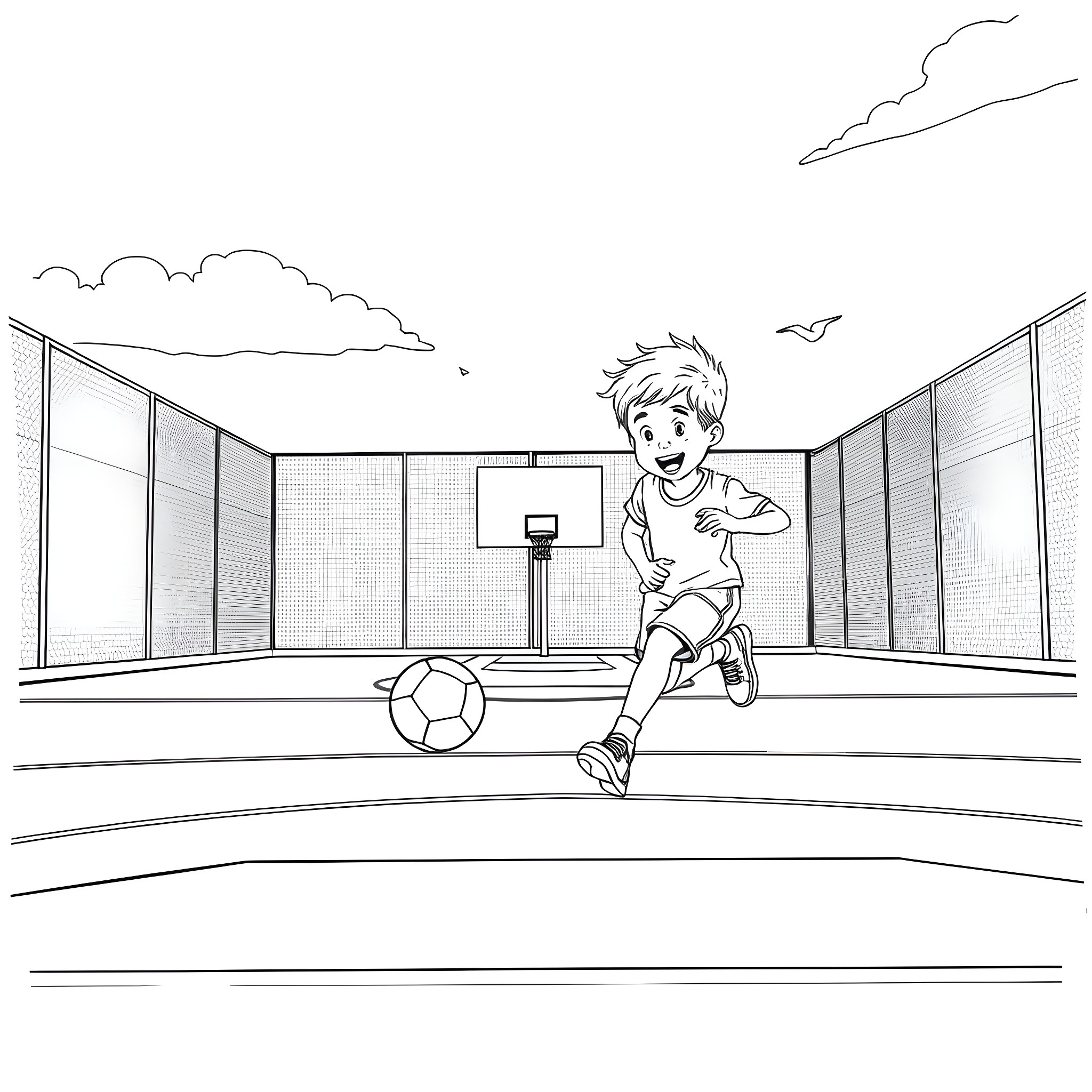 Kid playing soccer on the court Coloring Page (free black-and-white line drawing printable PDF for all, from beginners to advanced learners, including children, teens, adults, and seniors)
