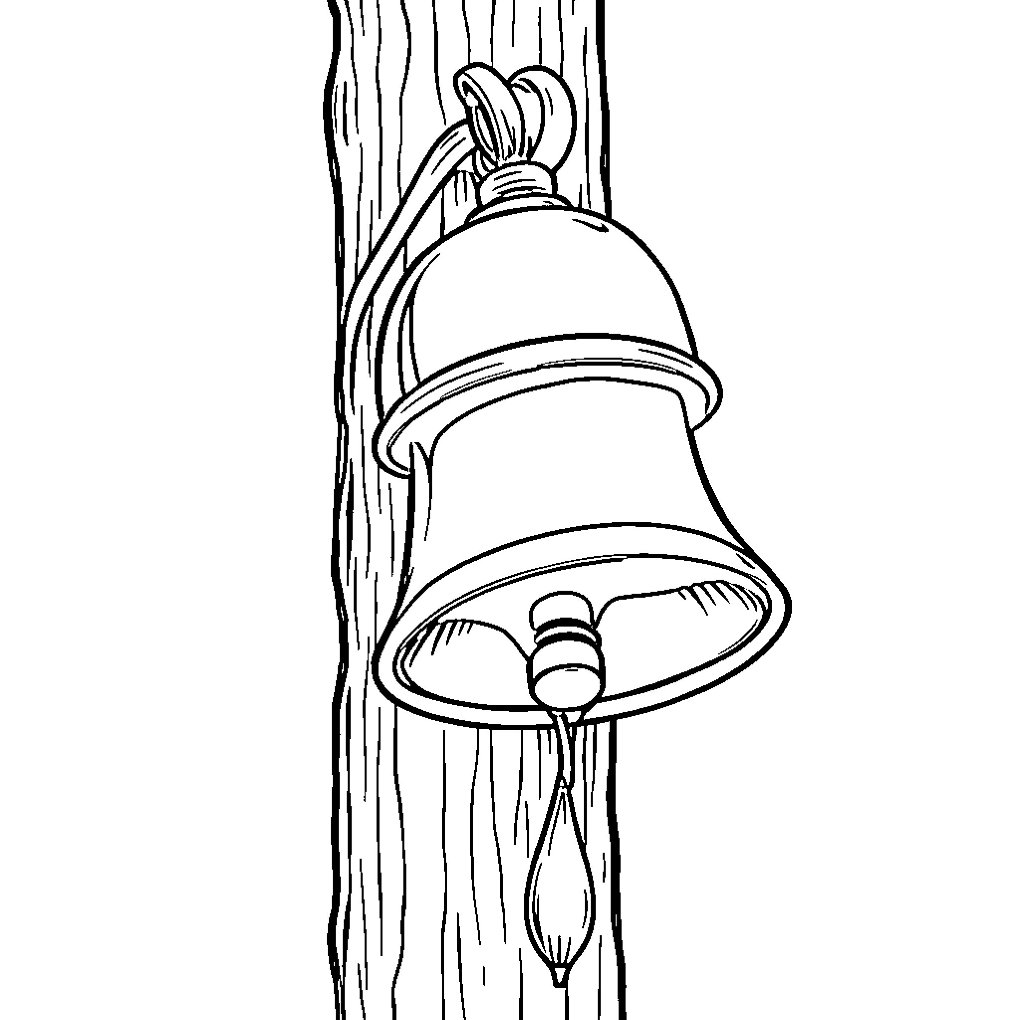 Bell Hanging from a Tree Coloring Page (free black-and-white line drawing printable PDF for all, from beginners to advanced learners, including children, teens, adults, and seniors)
