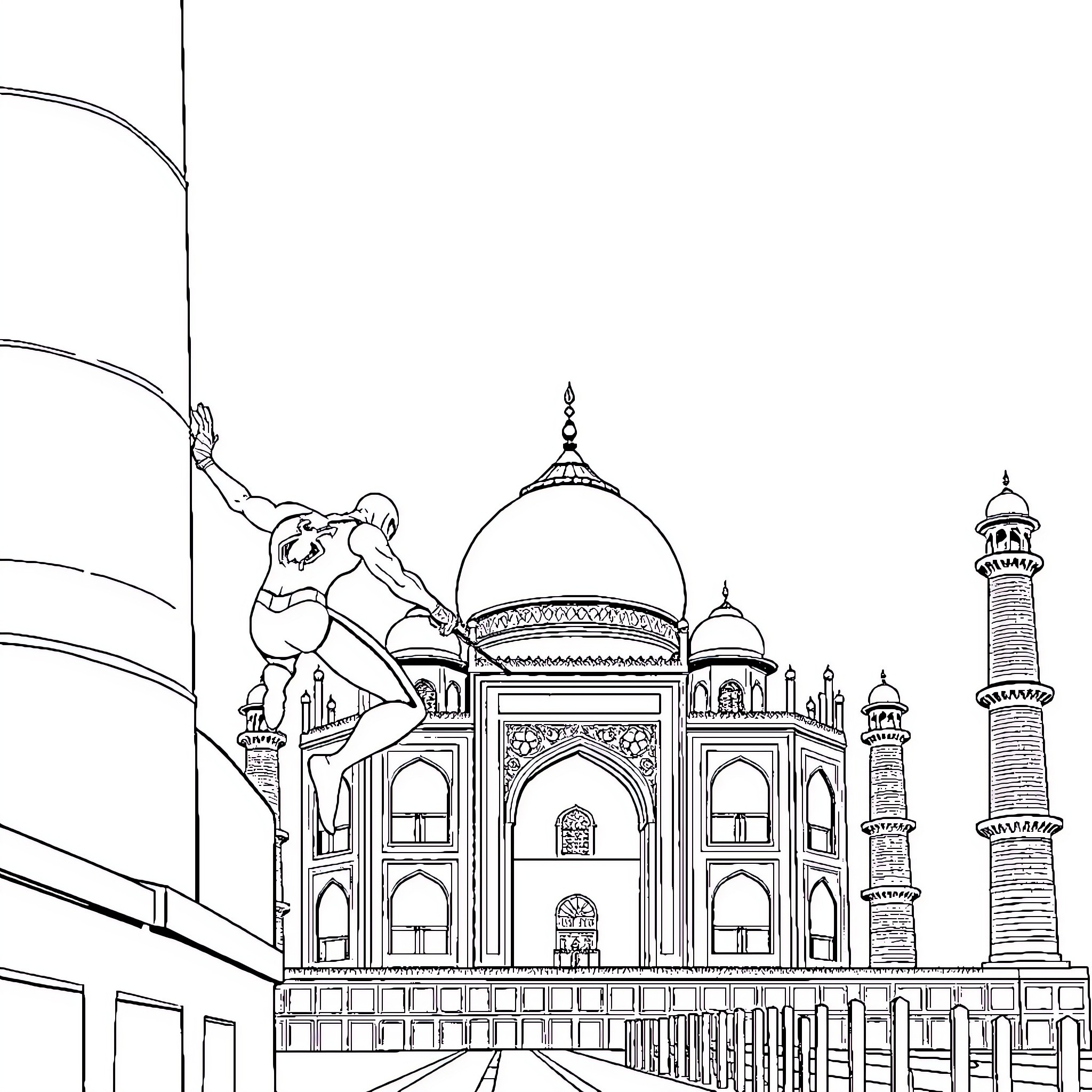 Spiderman exploring the magnificent Taj Mahal Coloring Page (free black-and-white line drawing printable PDF for all, from beginners to advanced learners, including children, teens, adults, and seniors)