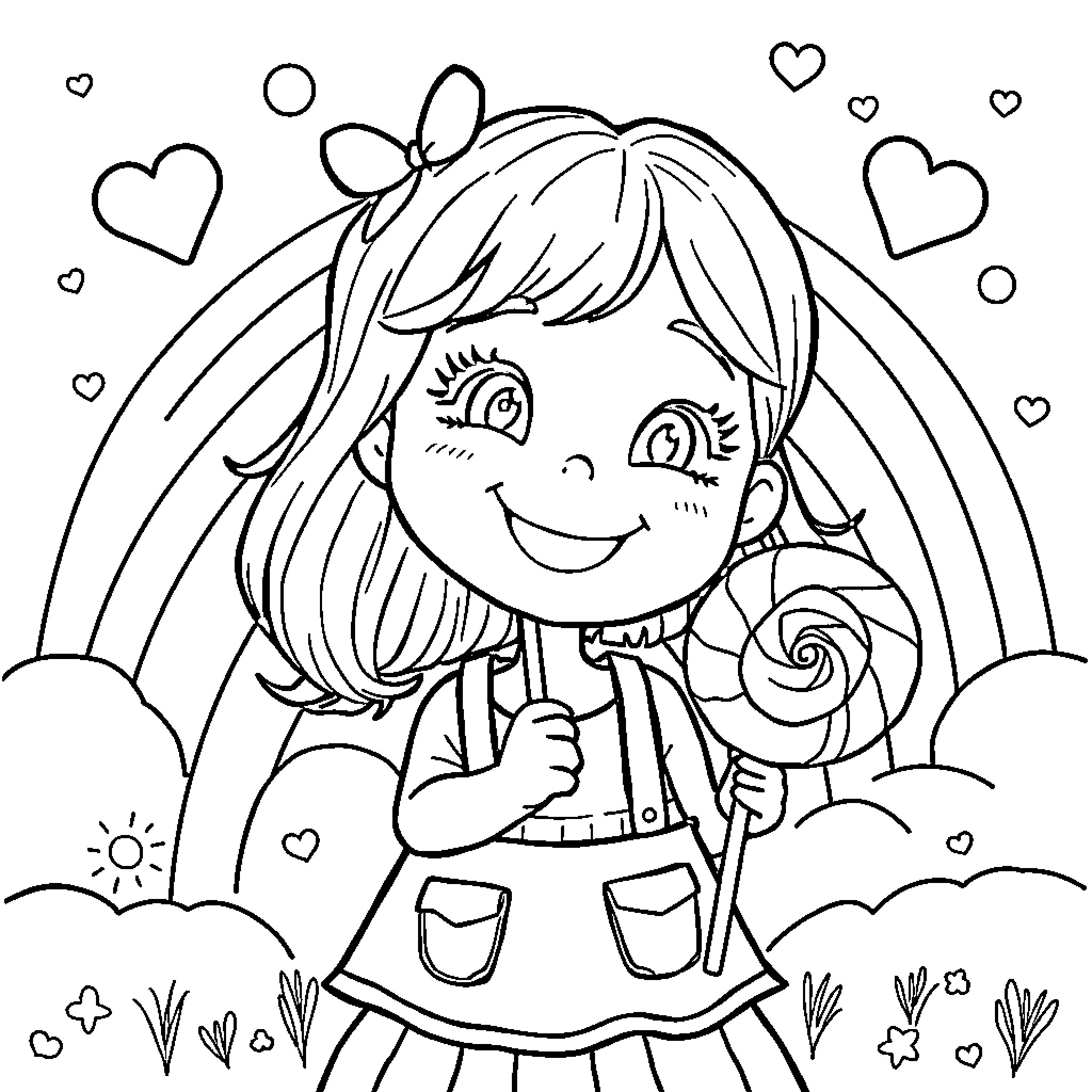 Millie's Cheerful Adventure with Hearts and Rainbows Coloring Page (free black-and-white line drawing printable PDF for all, from beginners to advanced learners, including children, teens, adults, and seniors)
