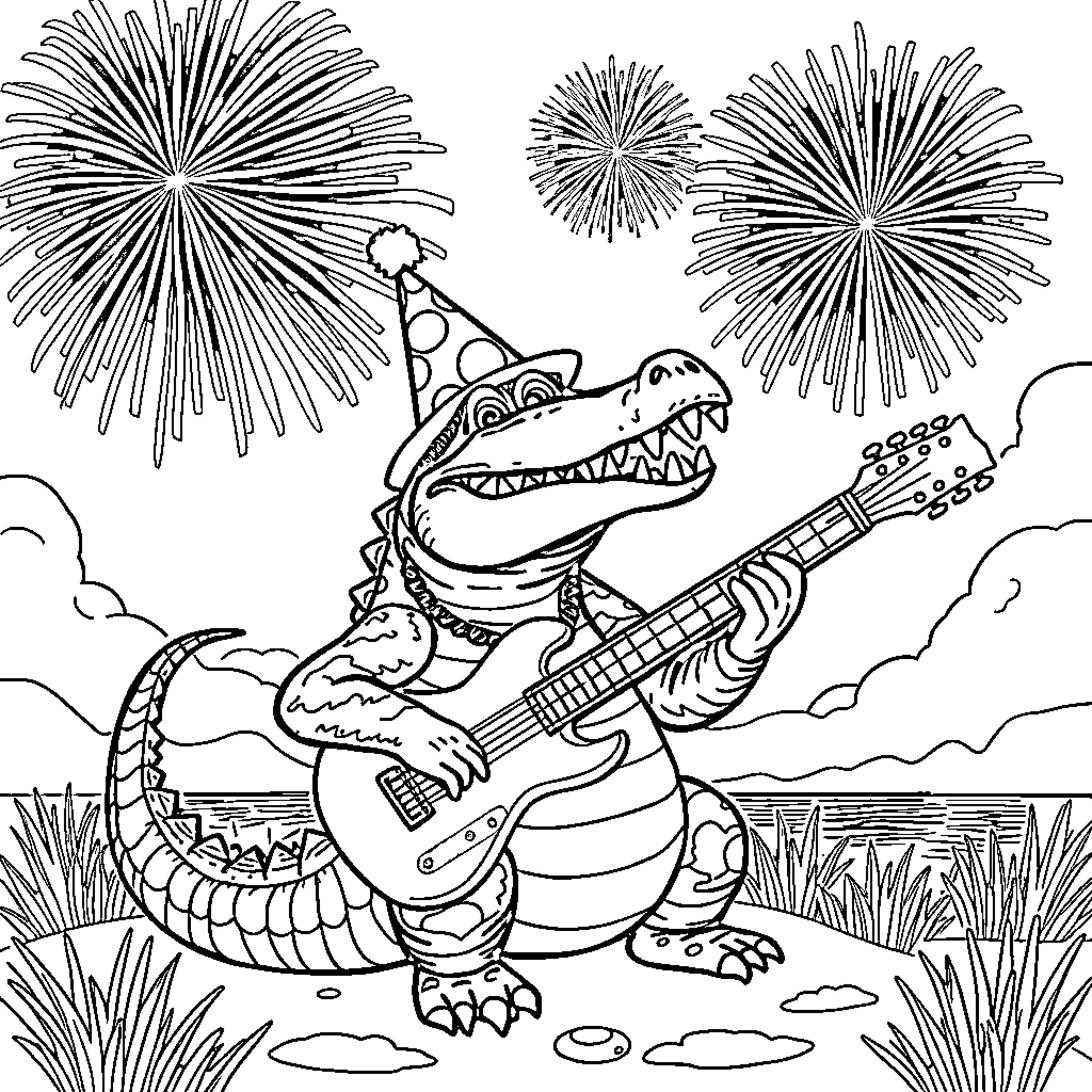Alligator playing guitar under fireworks display Coloring Page (free black-and-white line drawing printable PDF for all, from beginners to advanced learners, including children, teens, adults, and seniors)